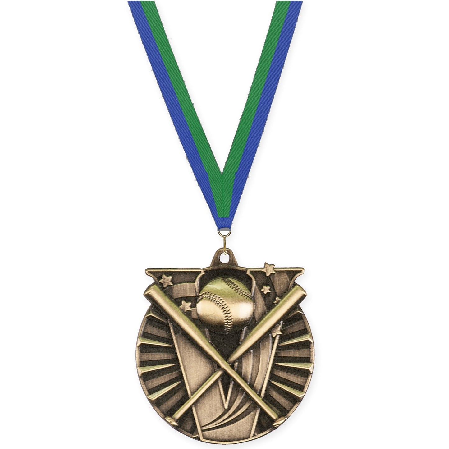 2 inch baseball and softball Victory medal in antique gold with Blue Green neck ribbon