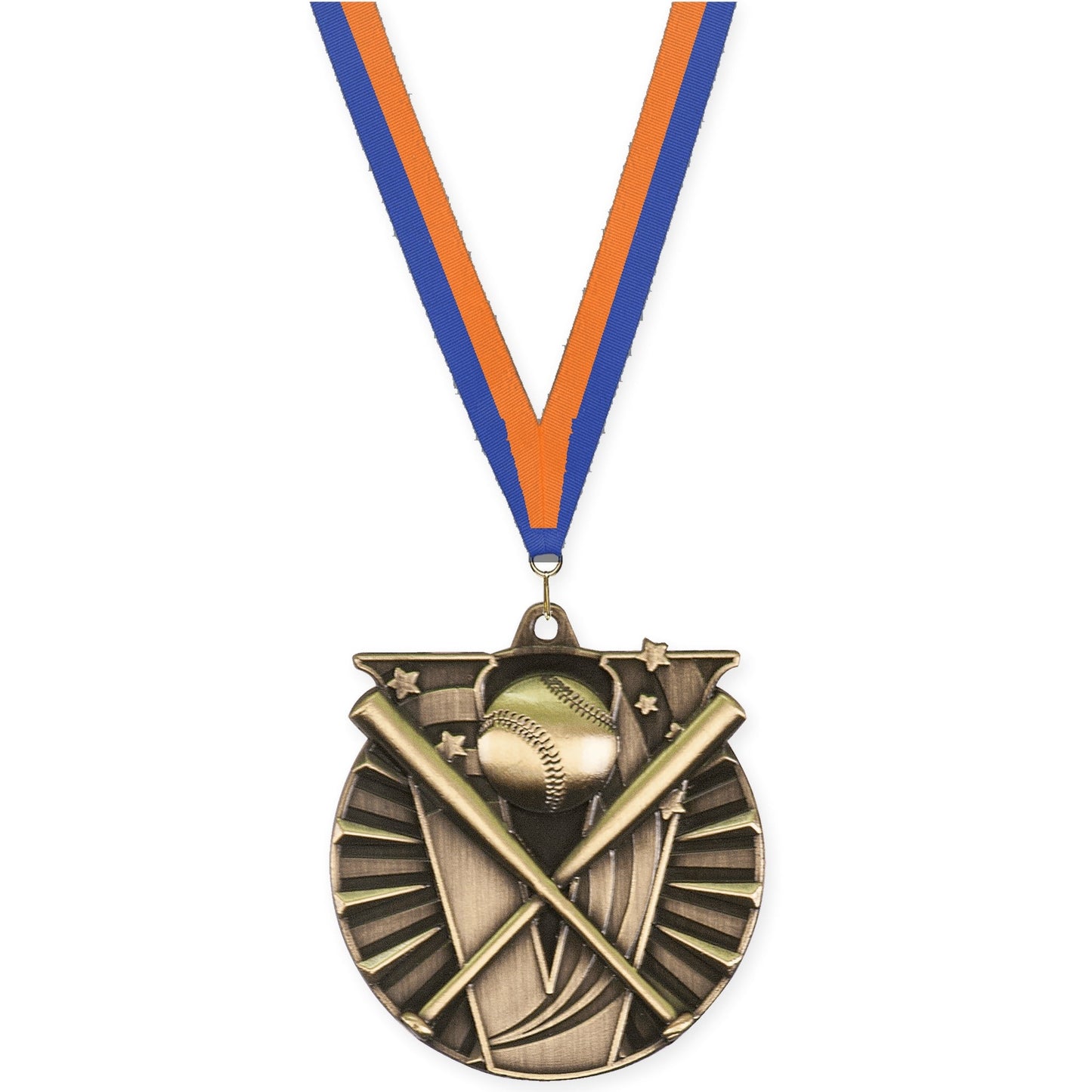 2 inch baseball and softball Victory medal in antique gold with Blue Orange neck ribbon