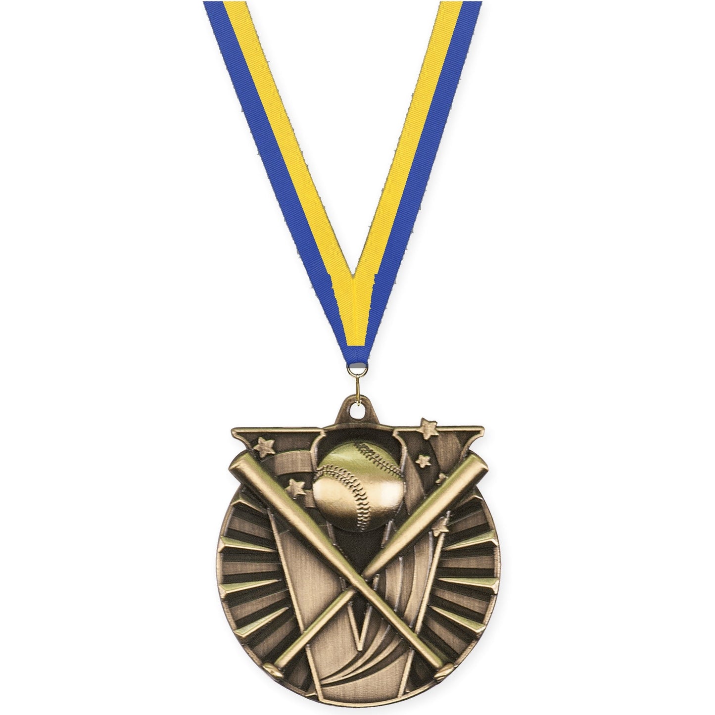 2 inch baseball and softball Victory medal in antique gold with Blue Yellow neck ribbon