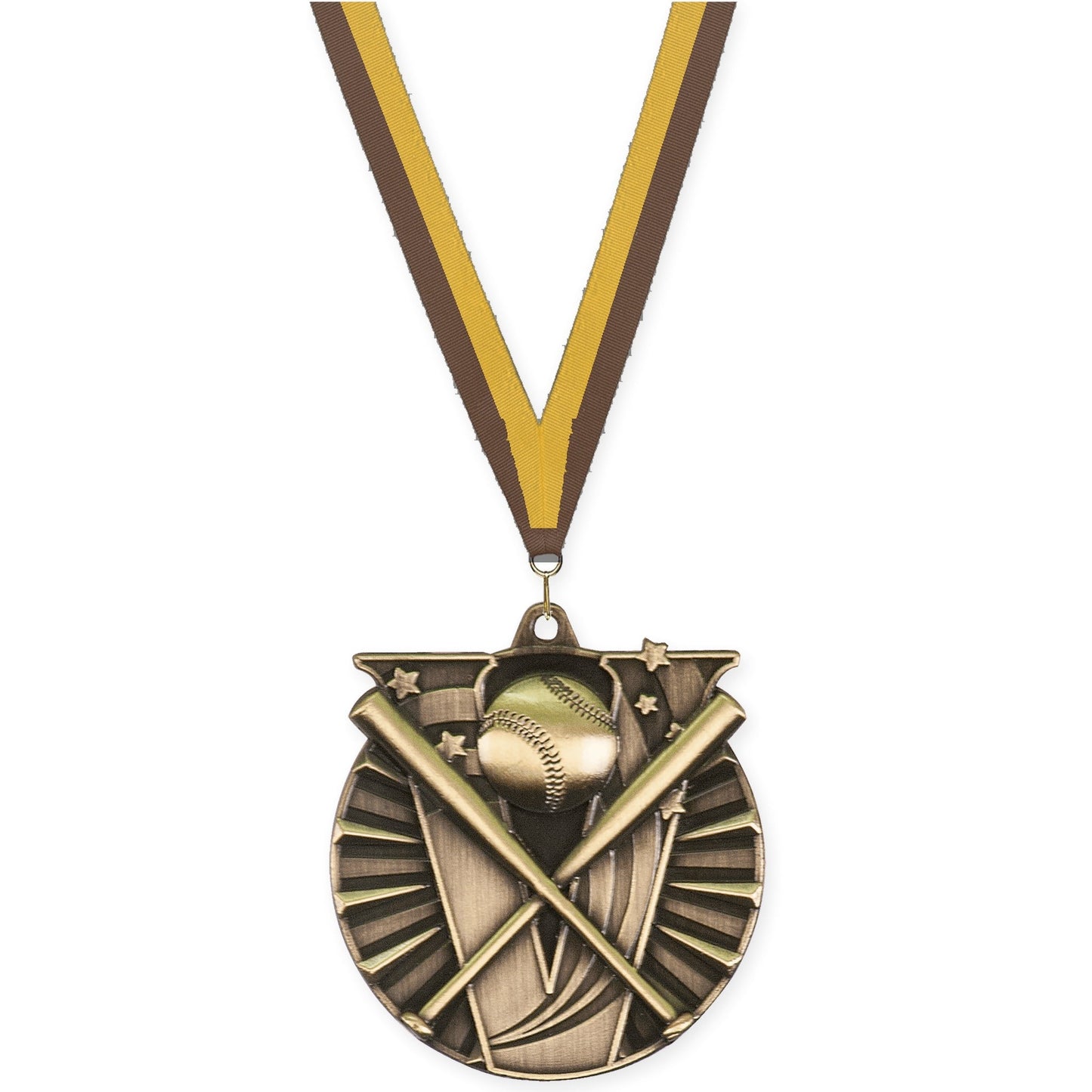 2 inch baseball and softball Victory medal in antique gold with Brown Gold neck ribbon
