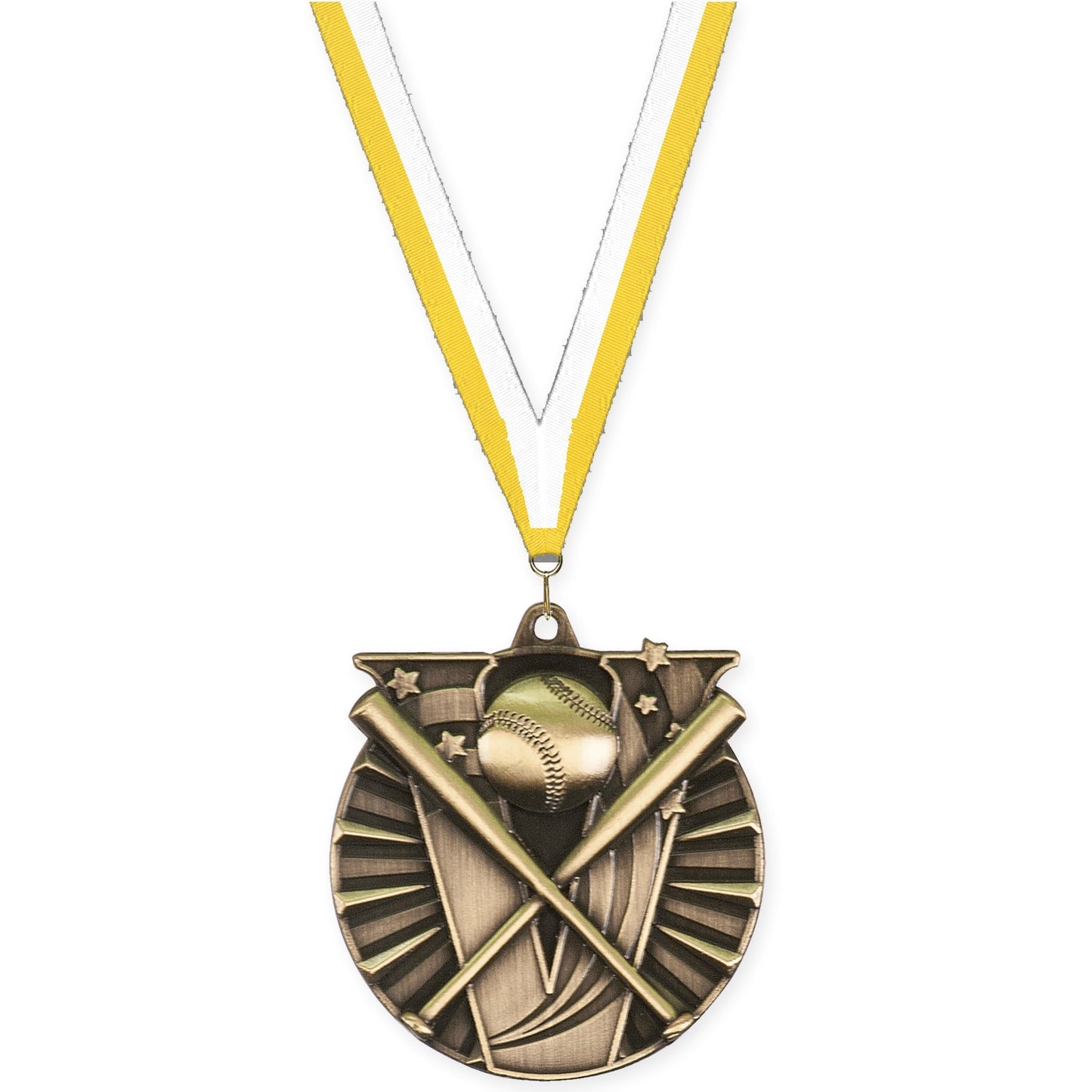 2 inch baseball and softball Victory medal in antique gold with Yellow White neck ribbon