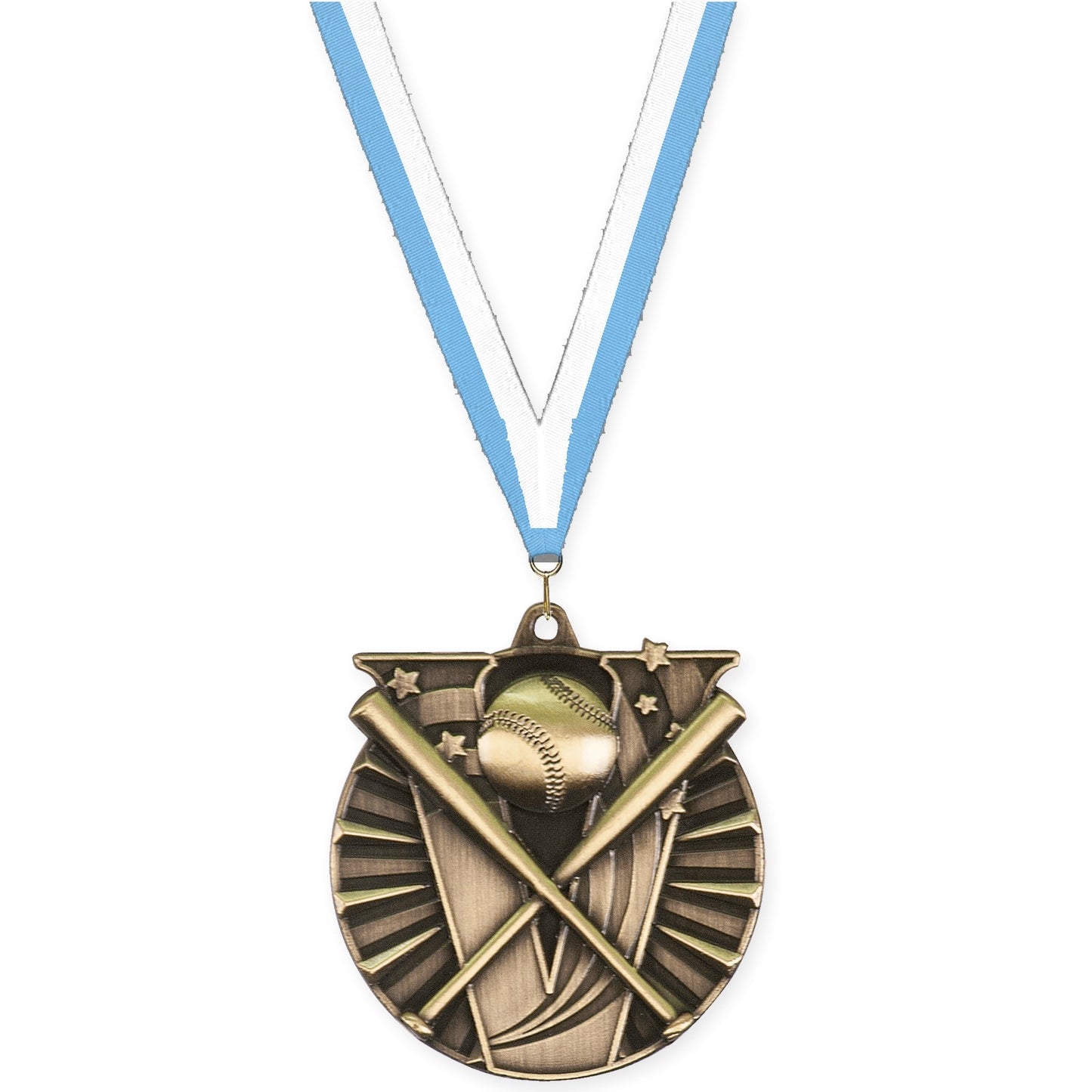 2 inch baseball and softball Victory medal in antique gold with Light Blue White neck ribbon