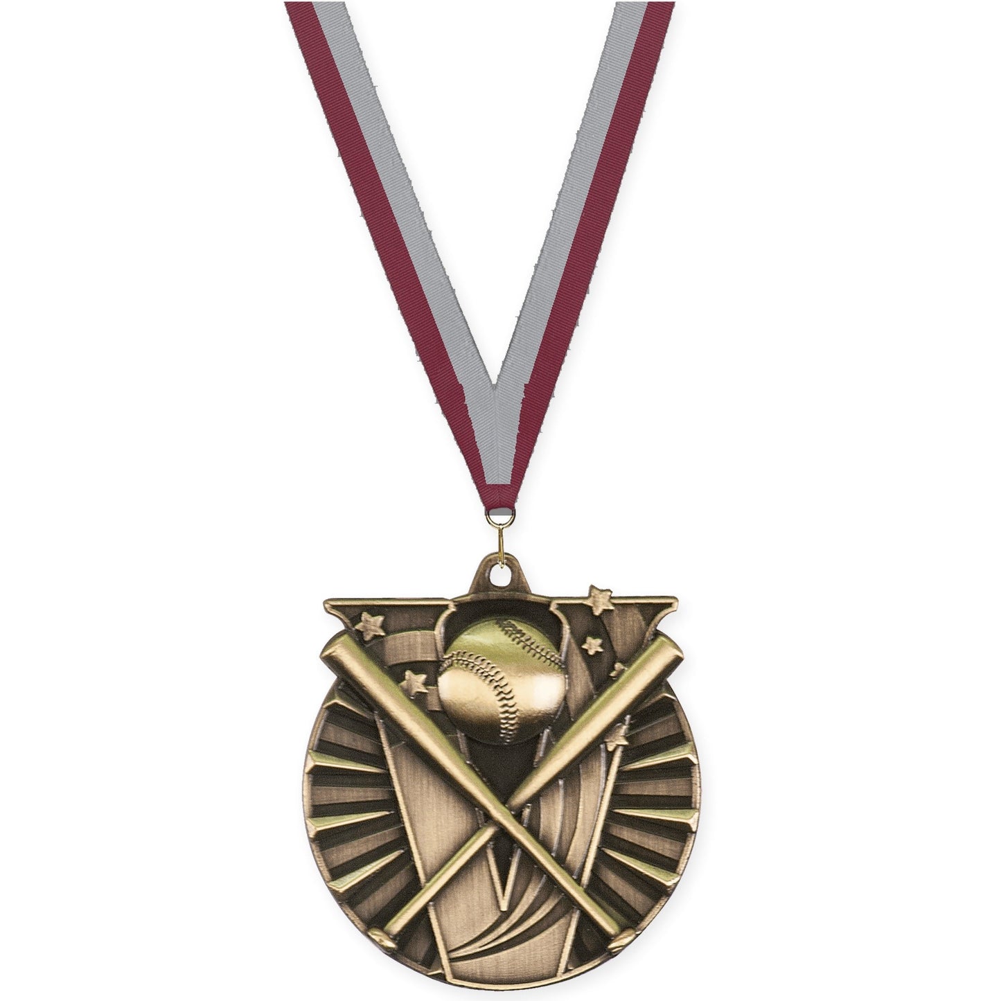 2 inch baseball and softball Victory medal in antique gold with Maroon Gray neck ribbon