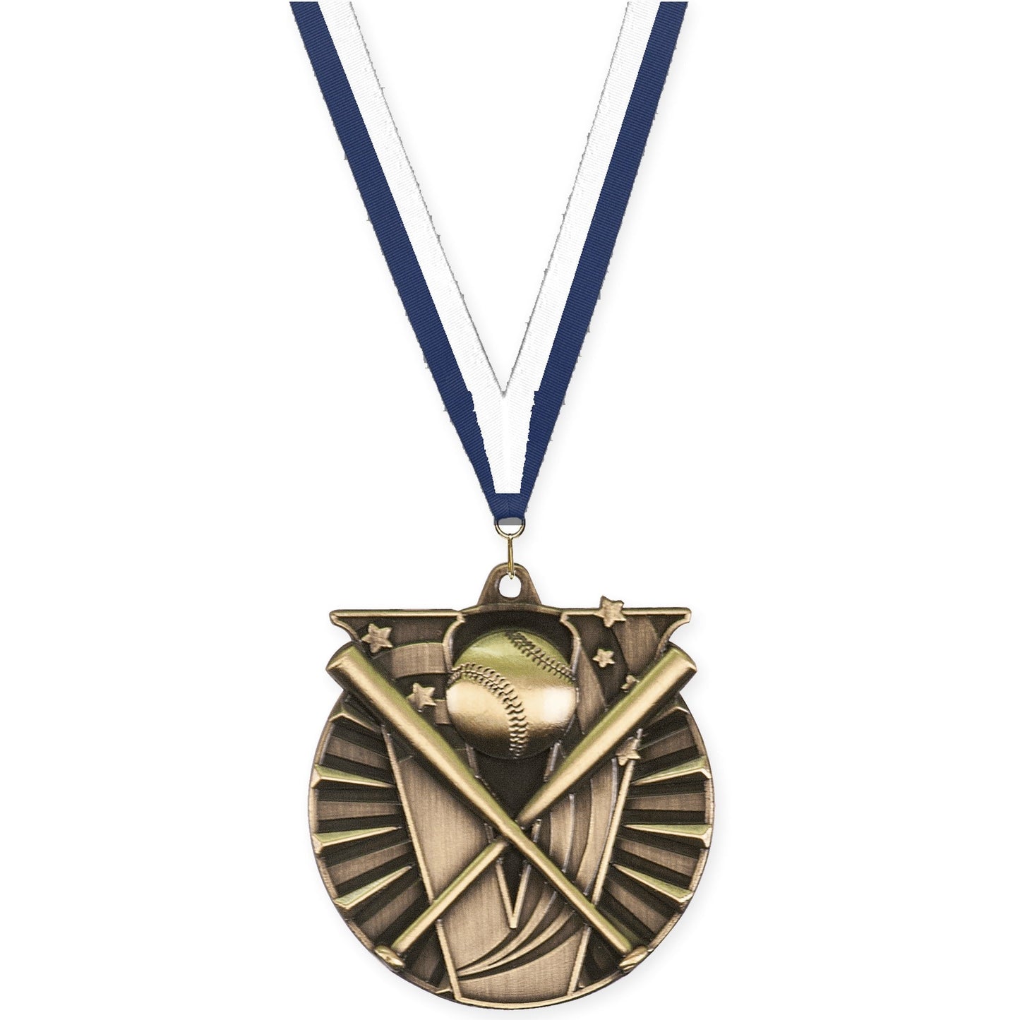 2 inch baseball and softball Victory medal in antique gold with Navy White neck ribbon