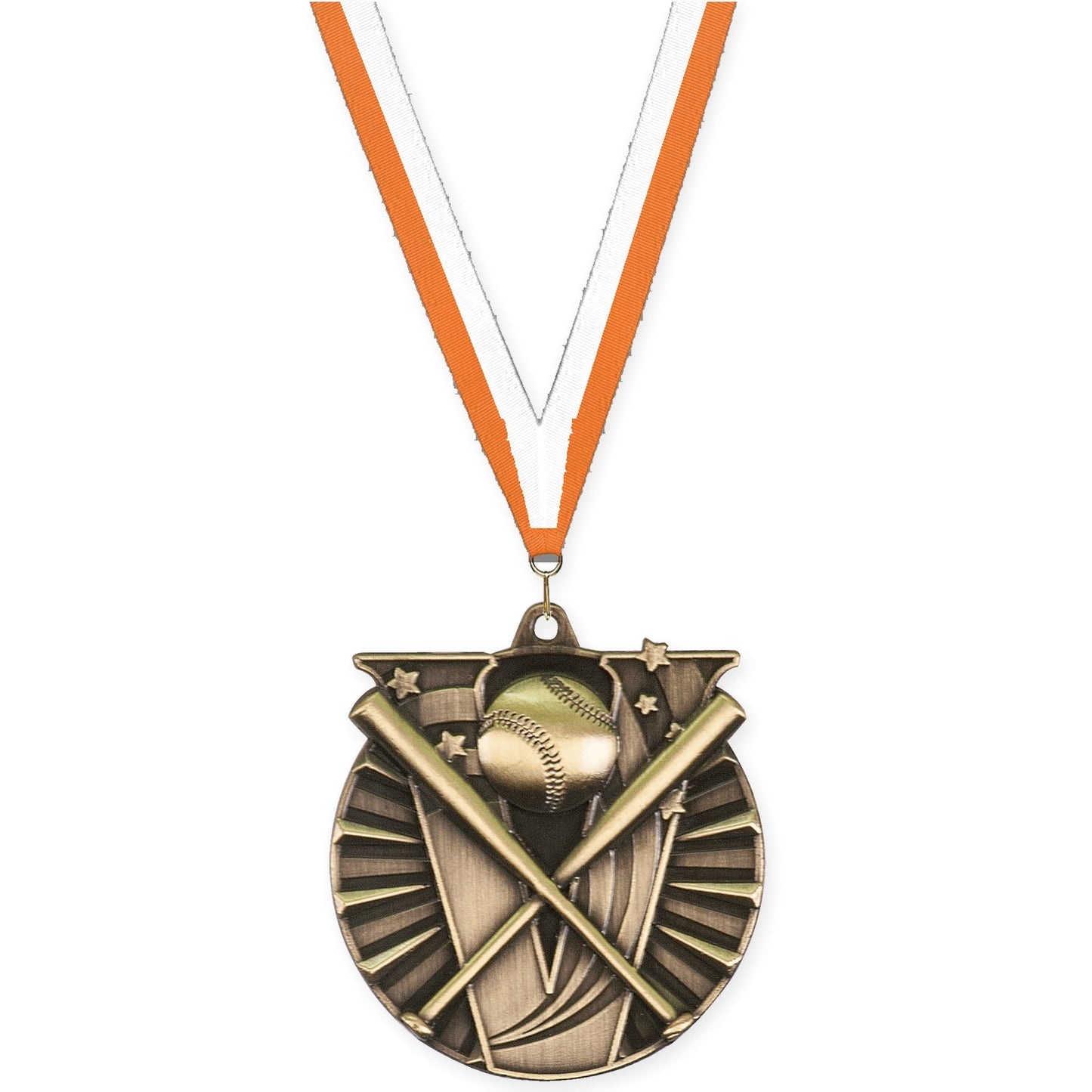 2 inch baseball and softball Victory medal in antique gold with Orange White neck ribbon