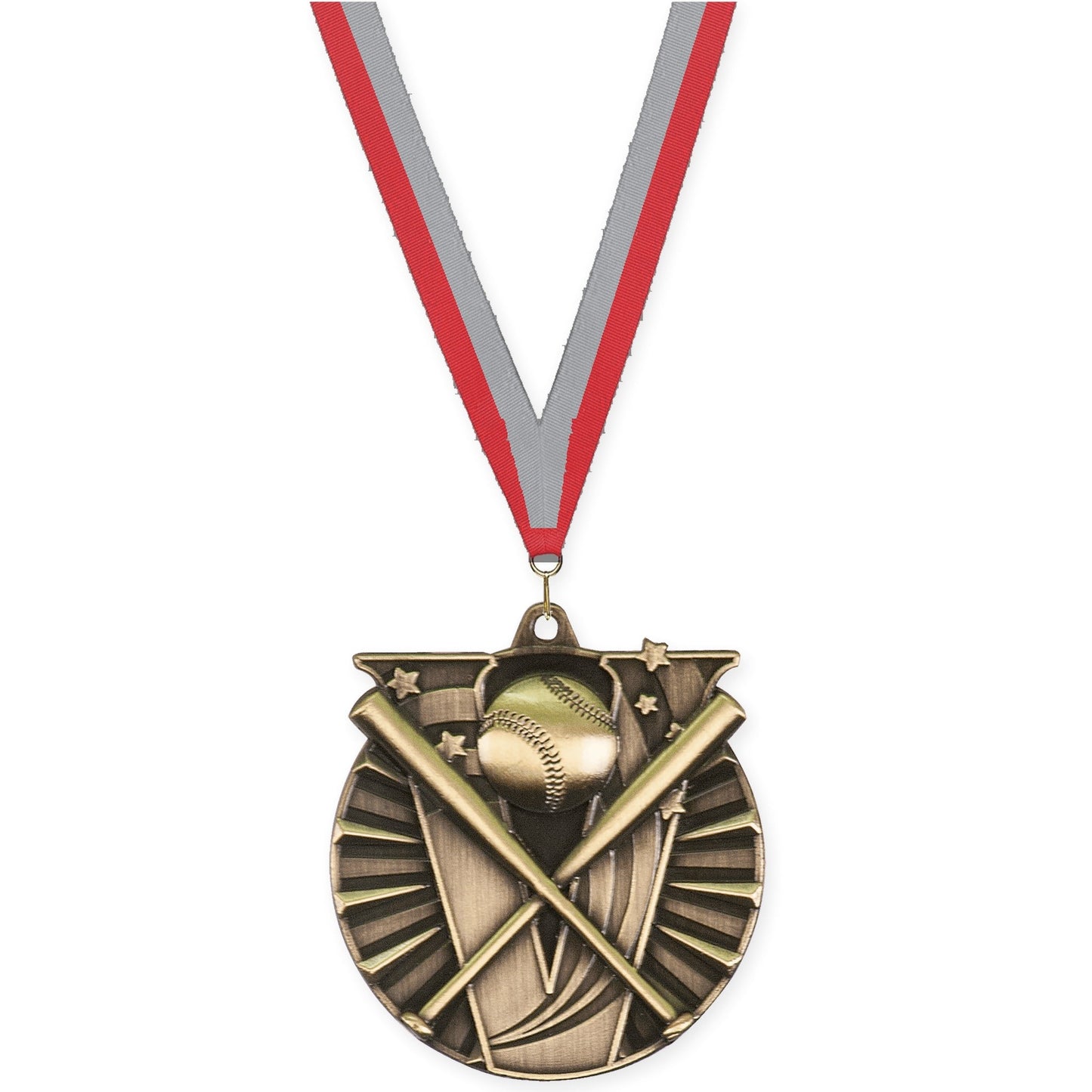 2 inch baseball and softball Victory medal in antique gold with Red Gray neck ribbon