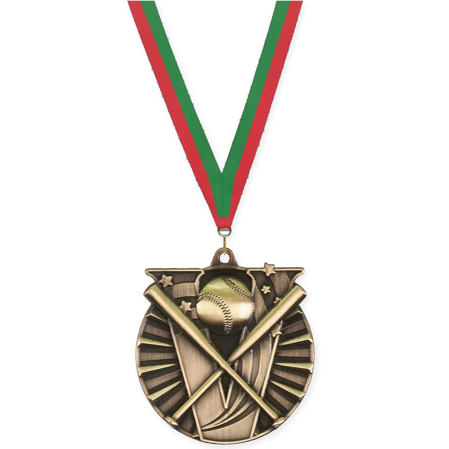 2 inch baseball and softball Victory medal in antique gold with Red Green neck ribbon