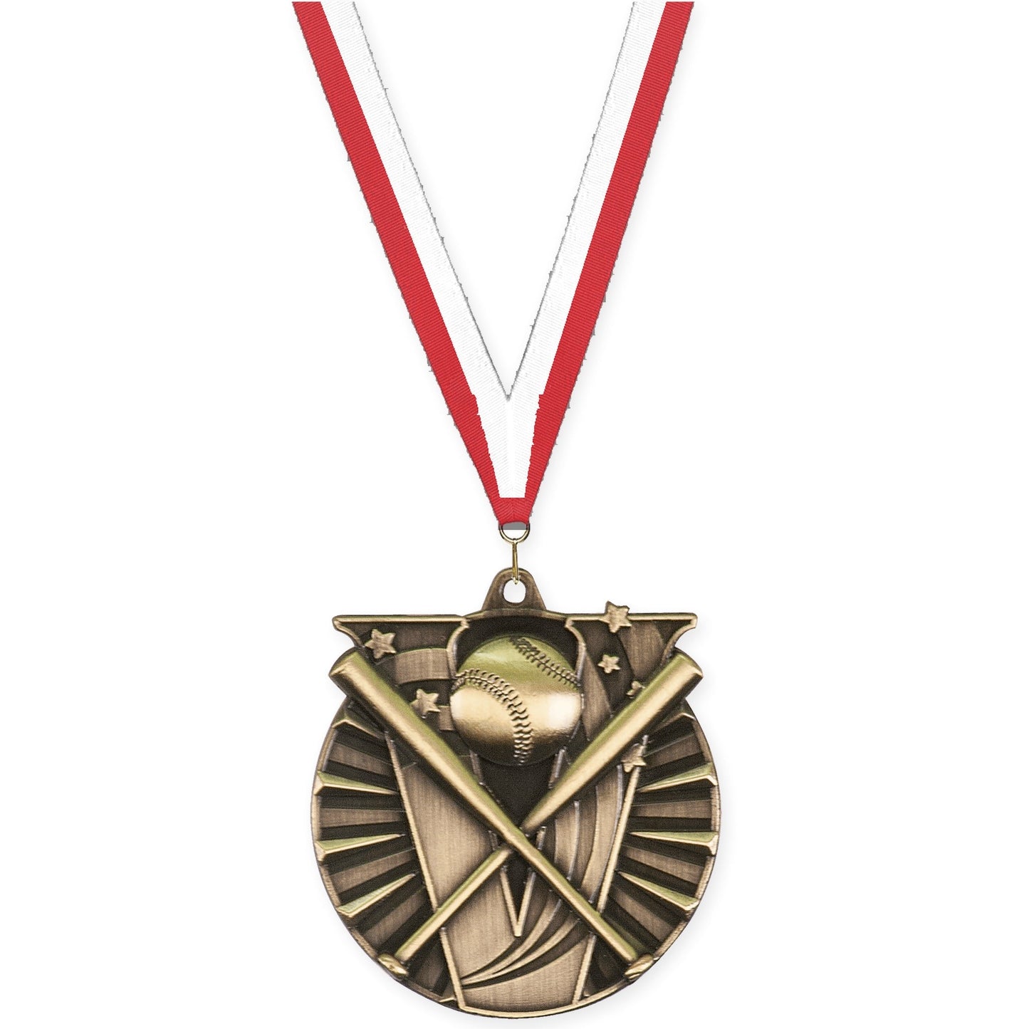 2 inch baseball and softball Victory medal in antique gold with Red White neck ribbon