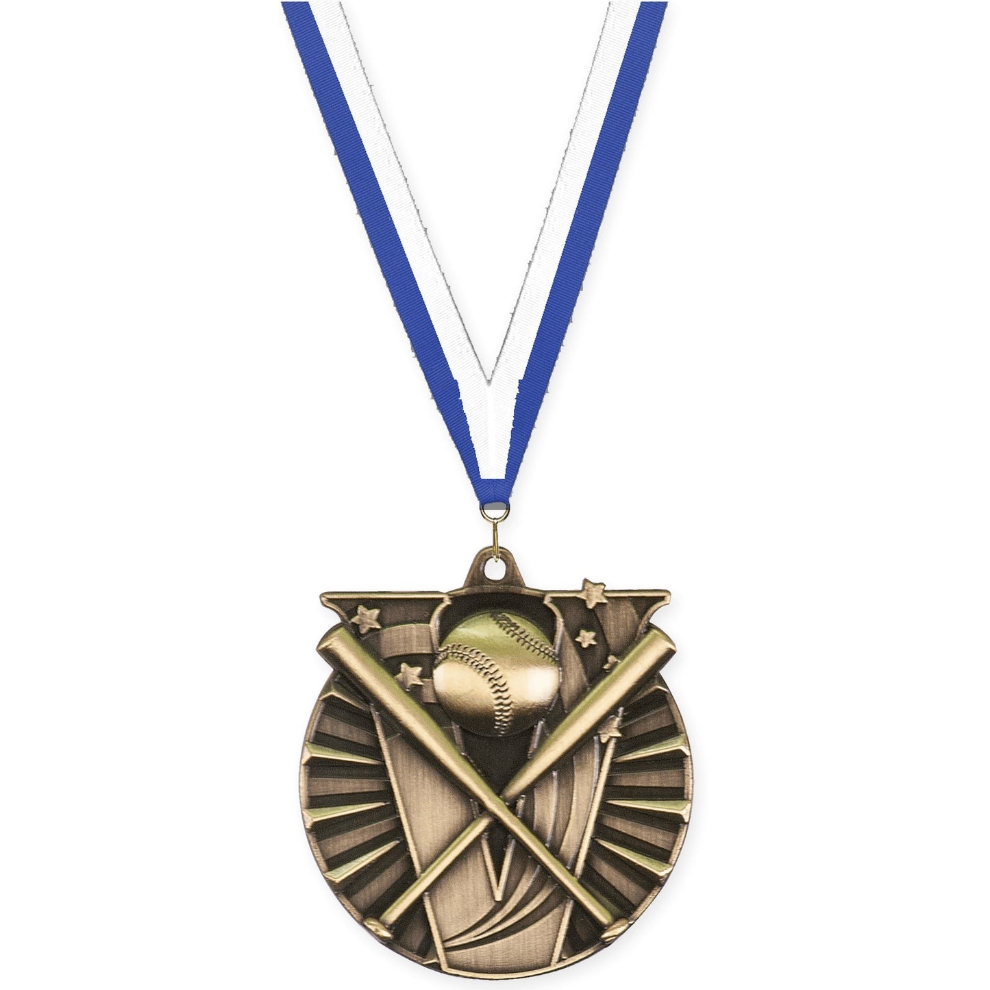2 inch baseball and softball Victory medal in antique gold with Blue White neck ribbon