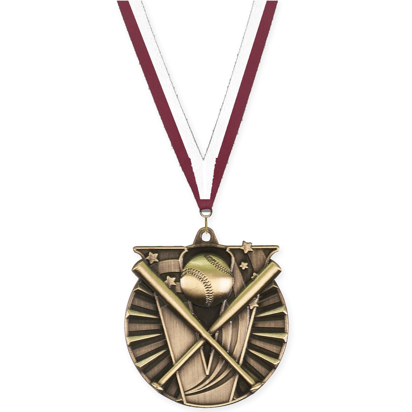 2 inch baseball and softball Victory medal in antique gold with Maroon White neck ribbon