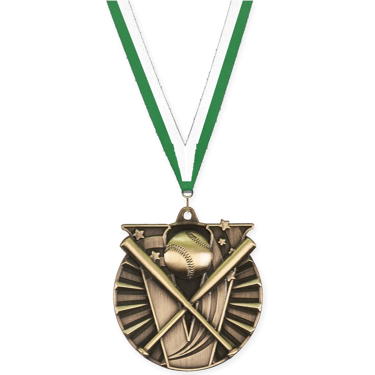 2 inch baseball and softball Victory medal in antique gold with Green White neck ribbon
