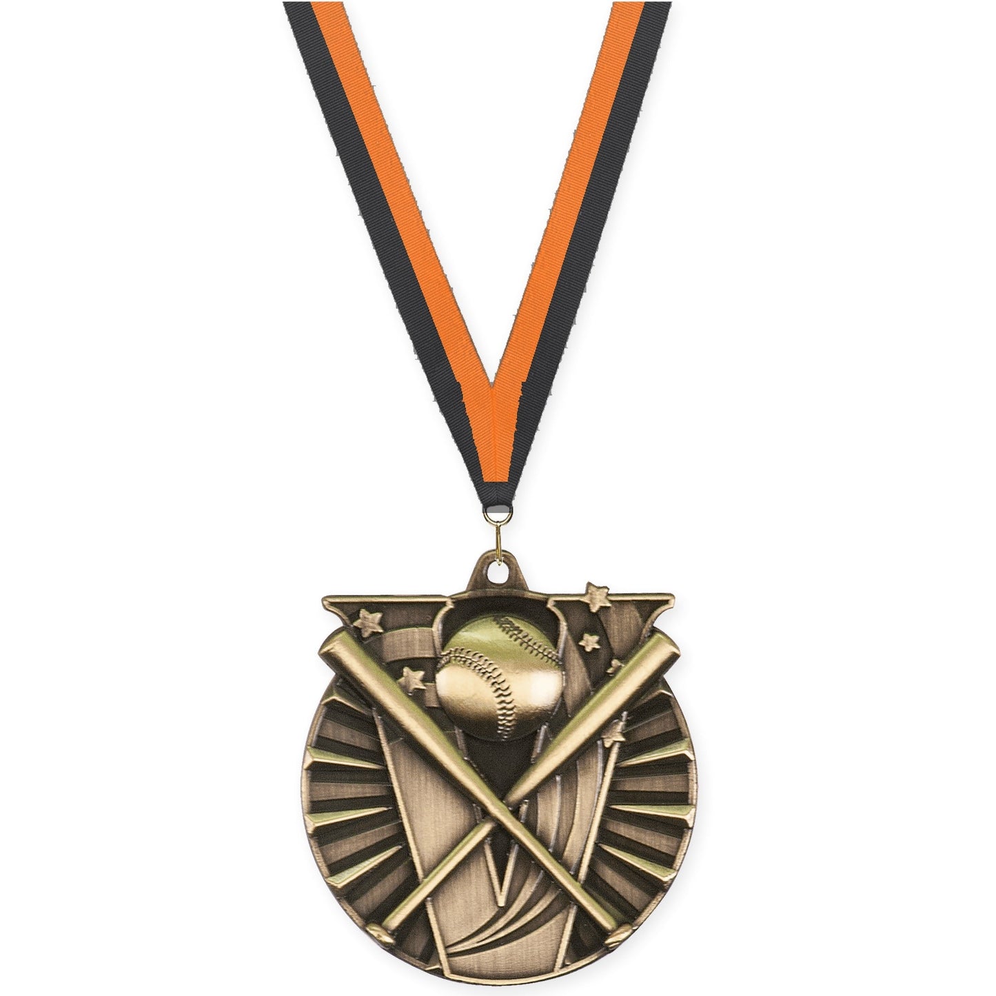 2 inch baseball and softball Victory medal in antique gold with Black Orange neck ribbon