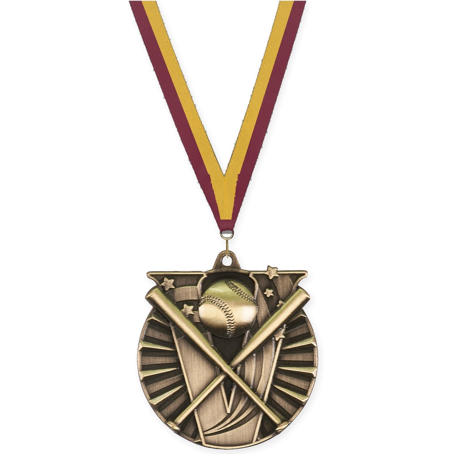 2 inch baseball and softball Victory medal in antique gold with Maroon Gold neck ribbon