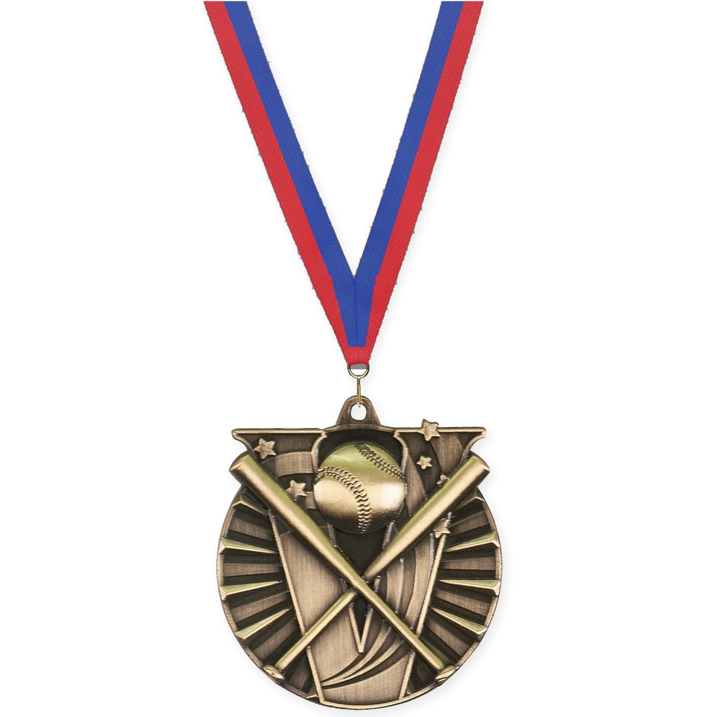 2 inch baseball and softball Victory medal in antique gold with Blue Red neck ribbon