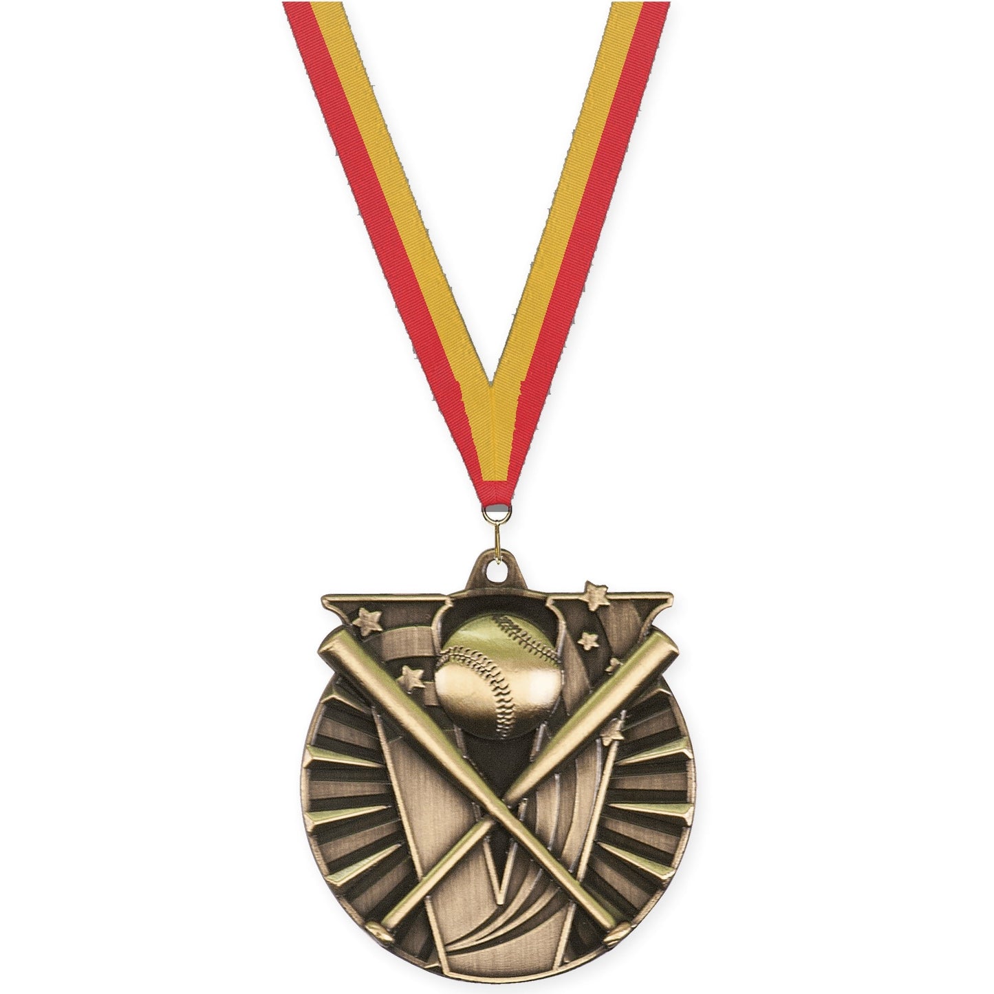 2 inch baseball and softball Victory medal in antique gold with Red Gold neck ribbon