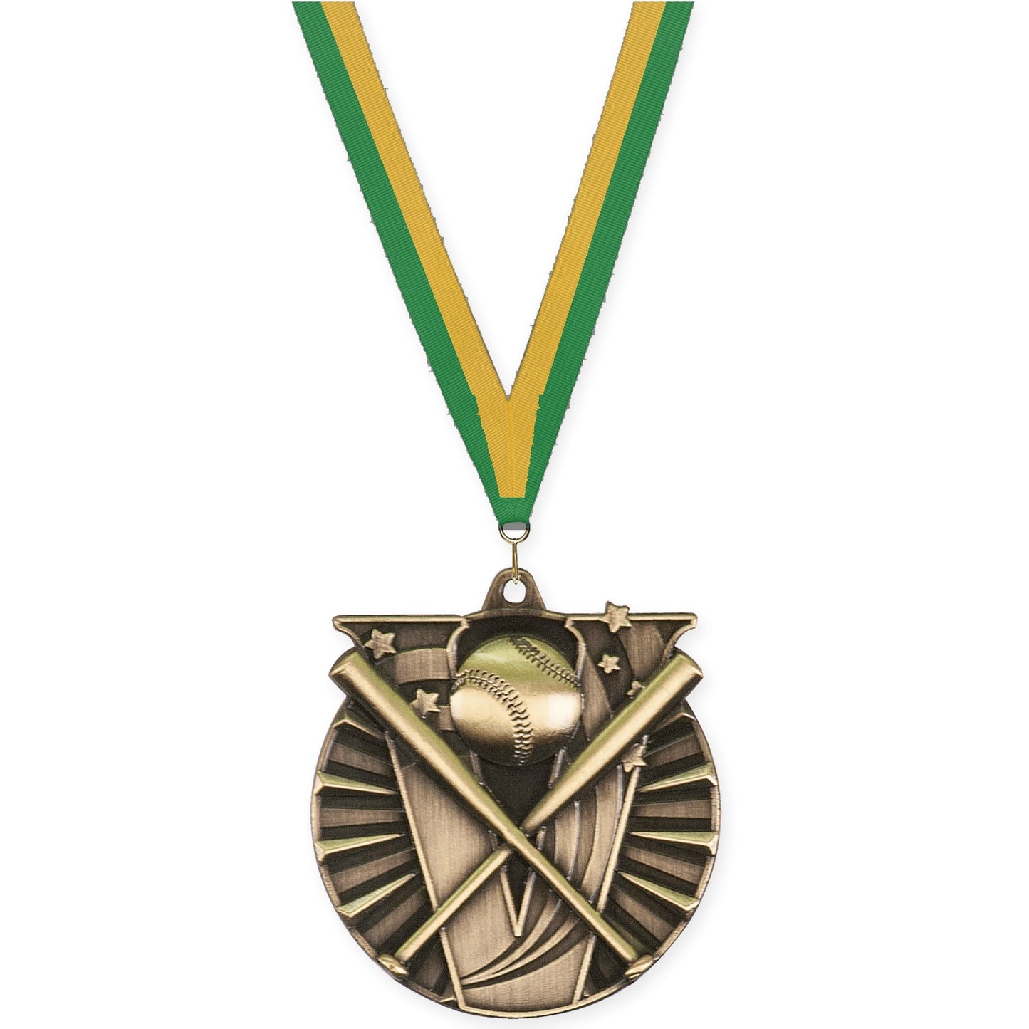 2 inch baseball and softball Victory medal in antique gold with Green Gold neck ribbon