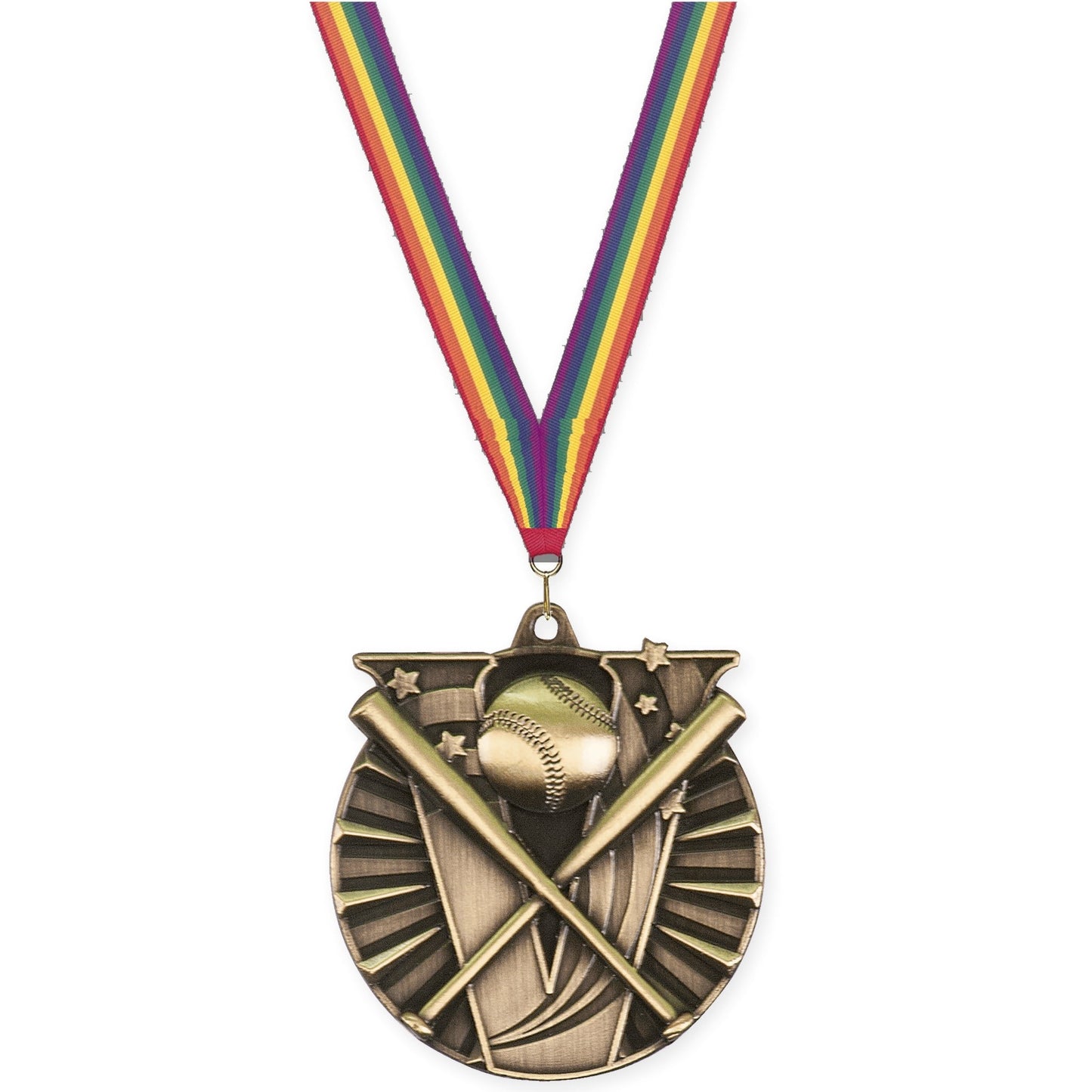 2 inch baseball and softball Victory medal in antique gold with Rainbow neck ribbon