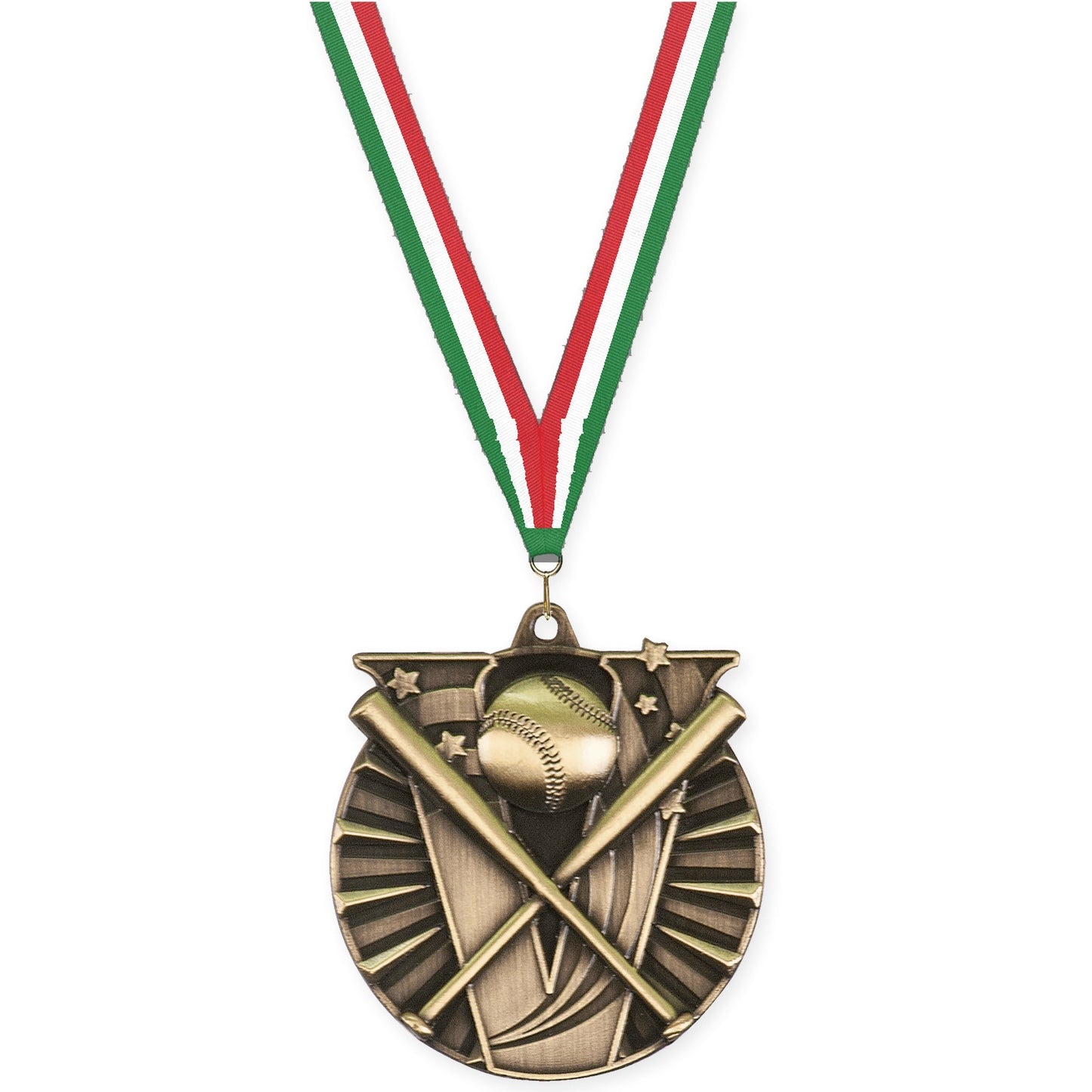 2 inch baseball and softball Victory medal in antique gold with Green White Red neck ribbon