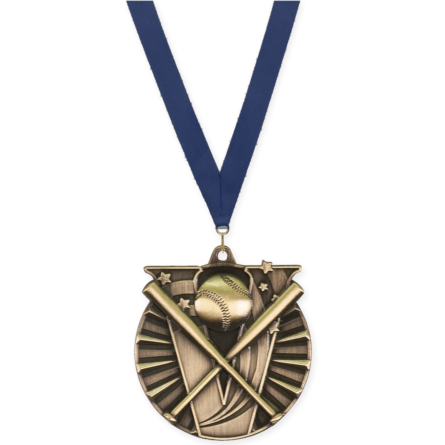 2 inch baseball and softball Victory medal in antique gold with Navy neck ribbon