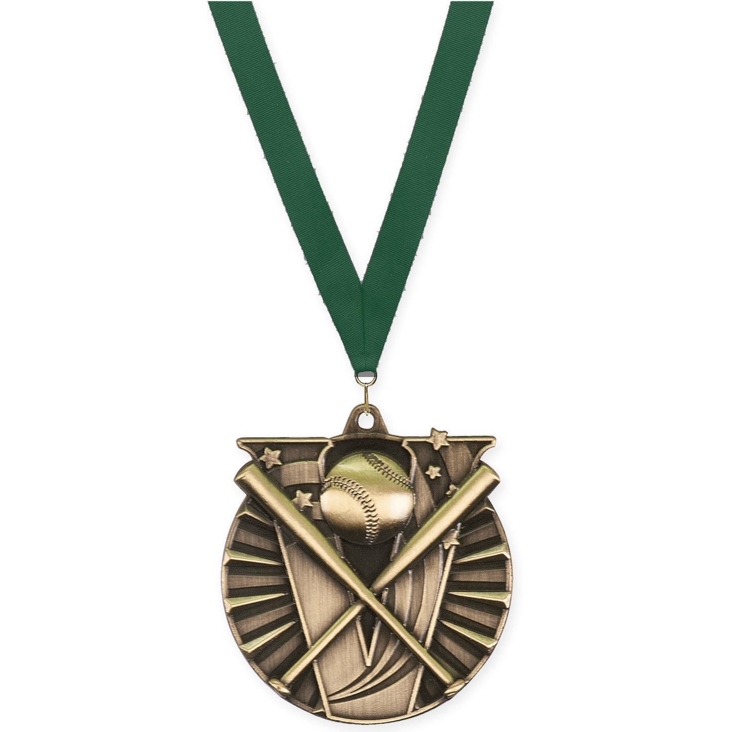 2 inch baseball and softball Victory medal in antique gold with Hunter Green neck ribbon