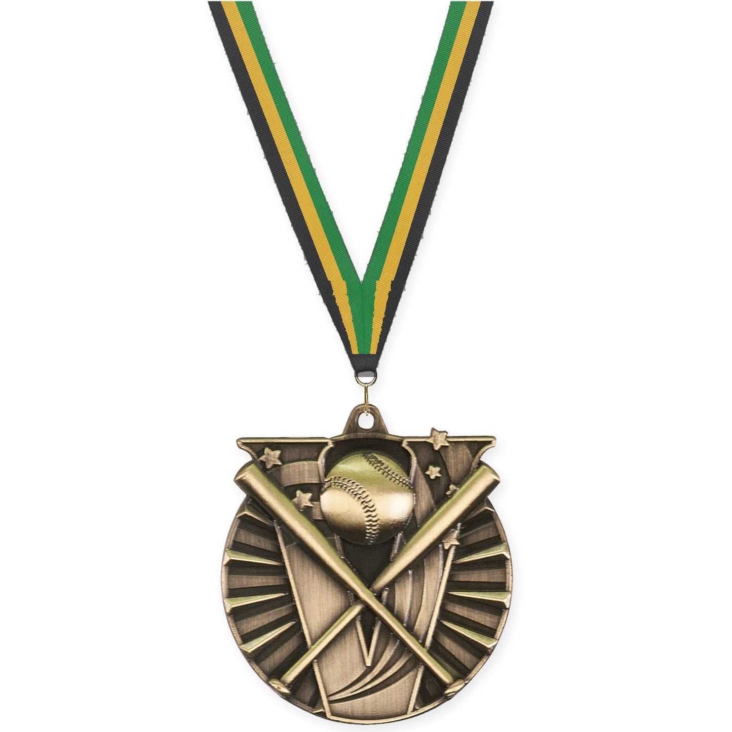 2 inch baseball and softball Victory medal in antique gold with Black Gold Green neck ribbon