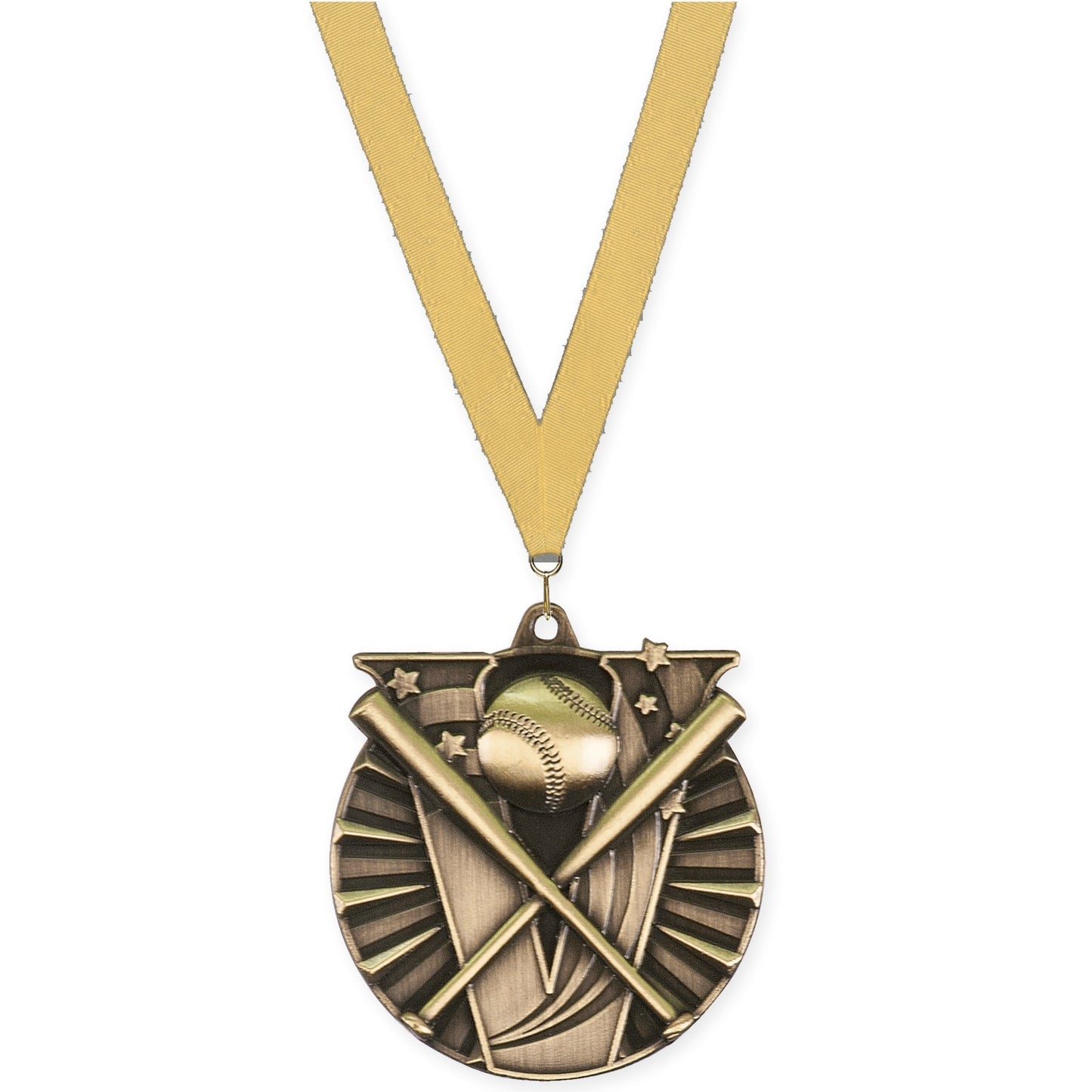 2 inch baseball and softball Victory medal in antique gold with Gold Metallic neck ribbon