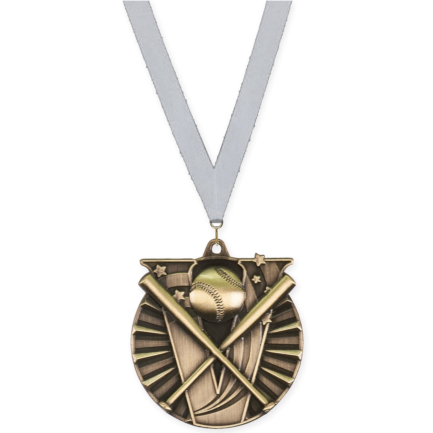 2 inch baseball and softball Victory medal in antique gold with Silver Metallic neck ribbon