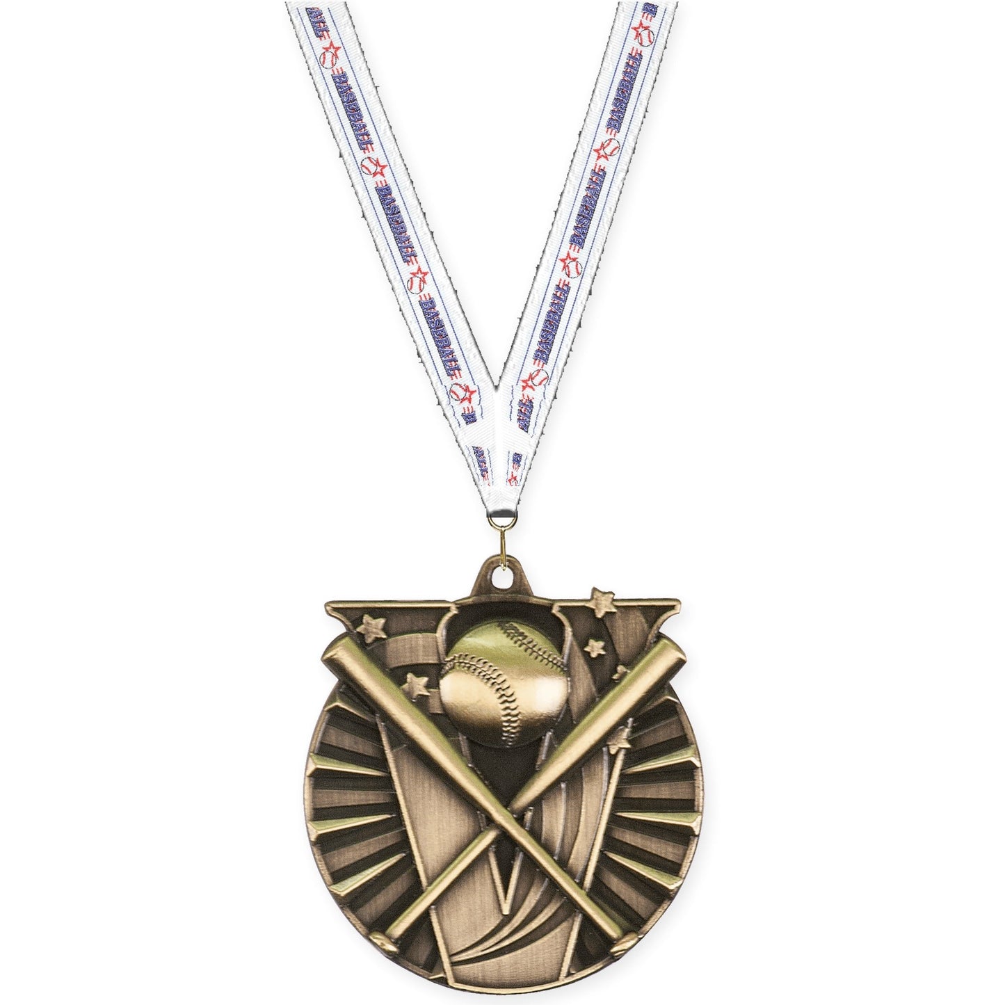 2 inch baseball and softball Victory medal in antique gold with Baseball neck ribbon