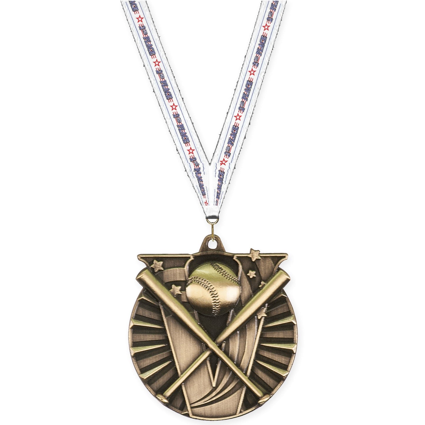2 inch baseball and softball Victory medal in antique gold with 2nd Place neck ribbon