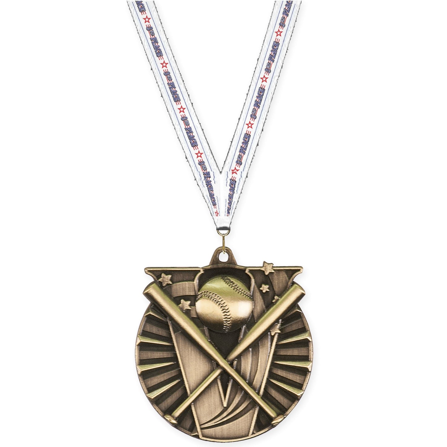 2 inch baseball and softball Victory medal in antique gold with 3rd Place neck ribbon