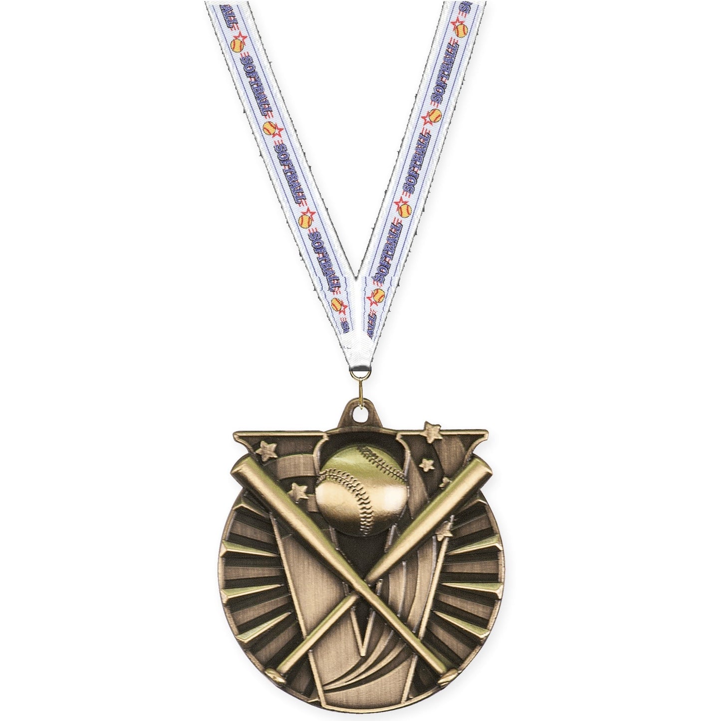2 inch baseball and softball Victory medal in antique gold with Softball neck ribbon