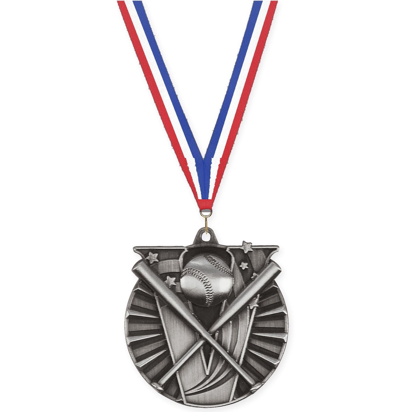 2 inch baseball and softball Victory medal in antique silver with Red White Blue neck ribbon