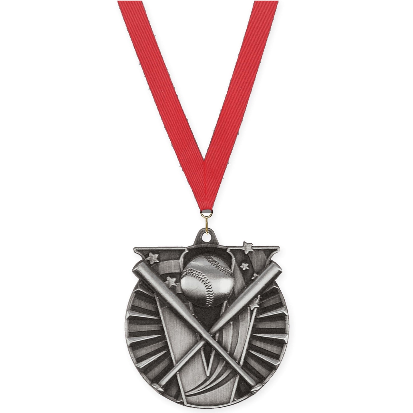 2 inch baseball and softball Victory medal in antique silver with Red neck ribbon