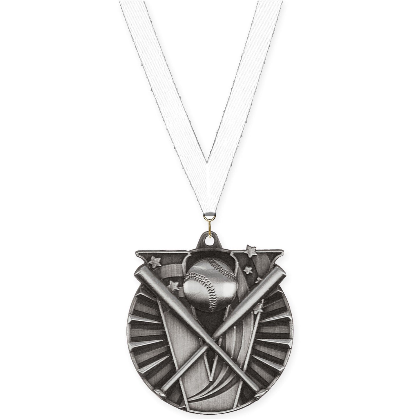 2 inch baseball and softball Victory medal in antique silver with White neck ribbon