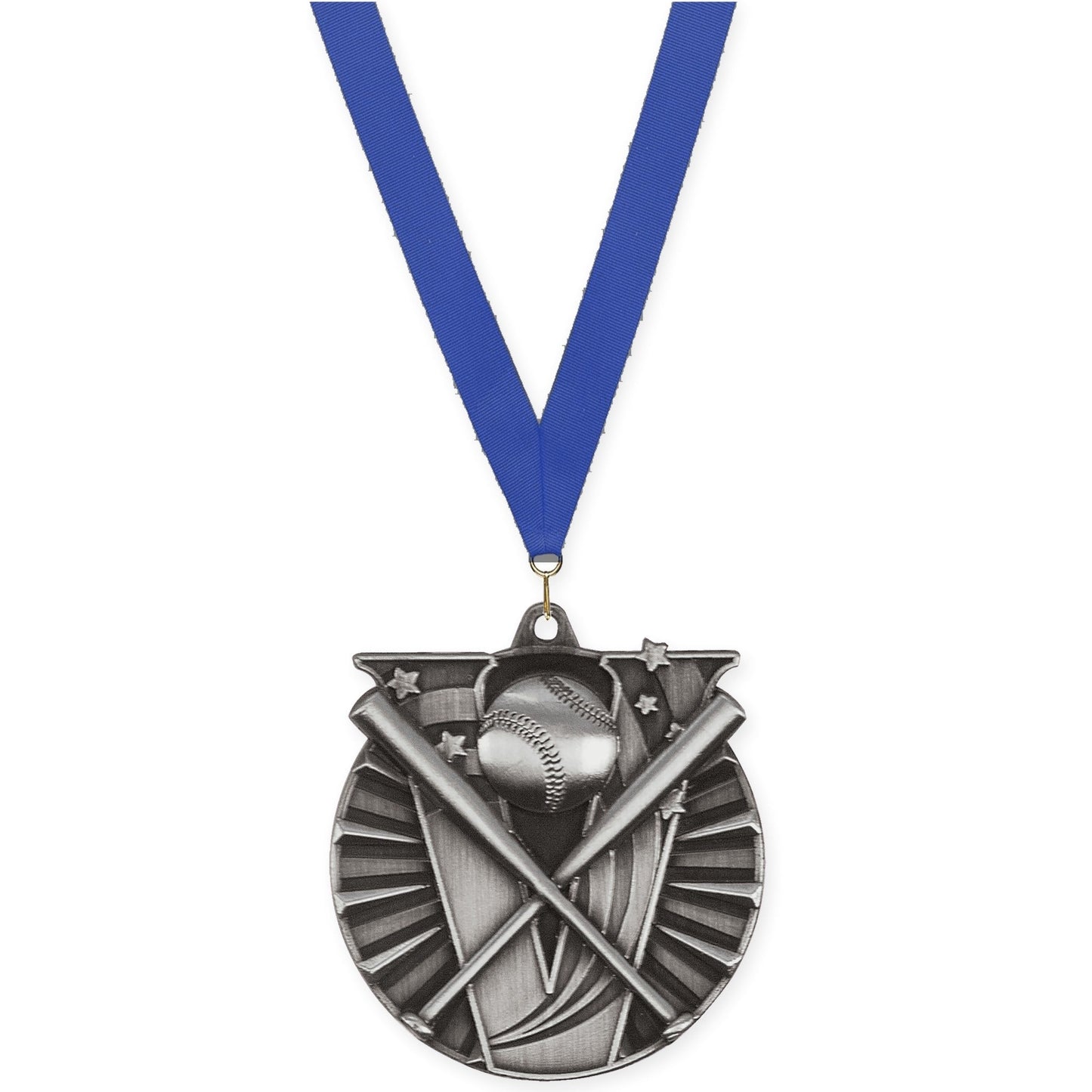 2 inch baseball and softball Victory medal in antique silver with Blue neck ribbon