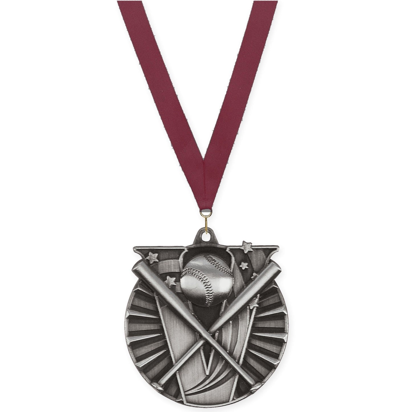 2 inch baseball and softball Victory medal in antique silver with Maroon neck ribbon