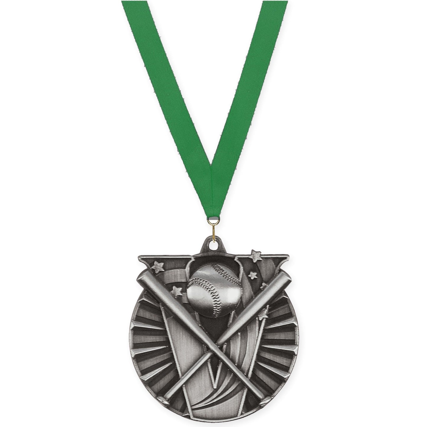 2 inch baseball and softball Victory medal in antique silver with Green neck ribbon