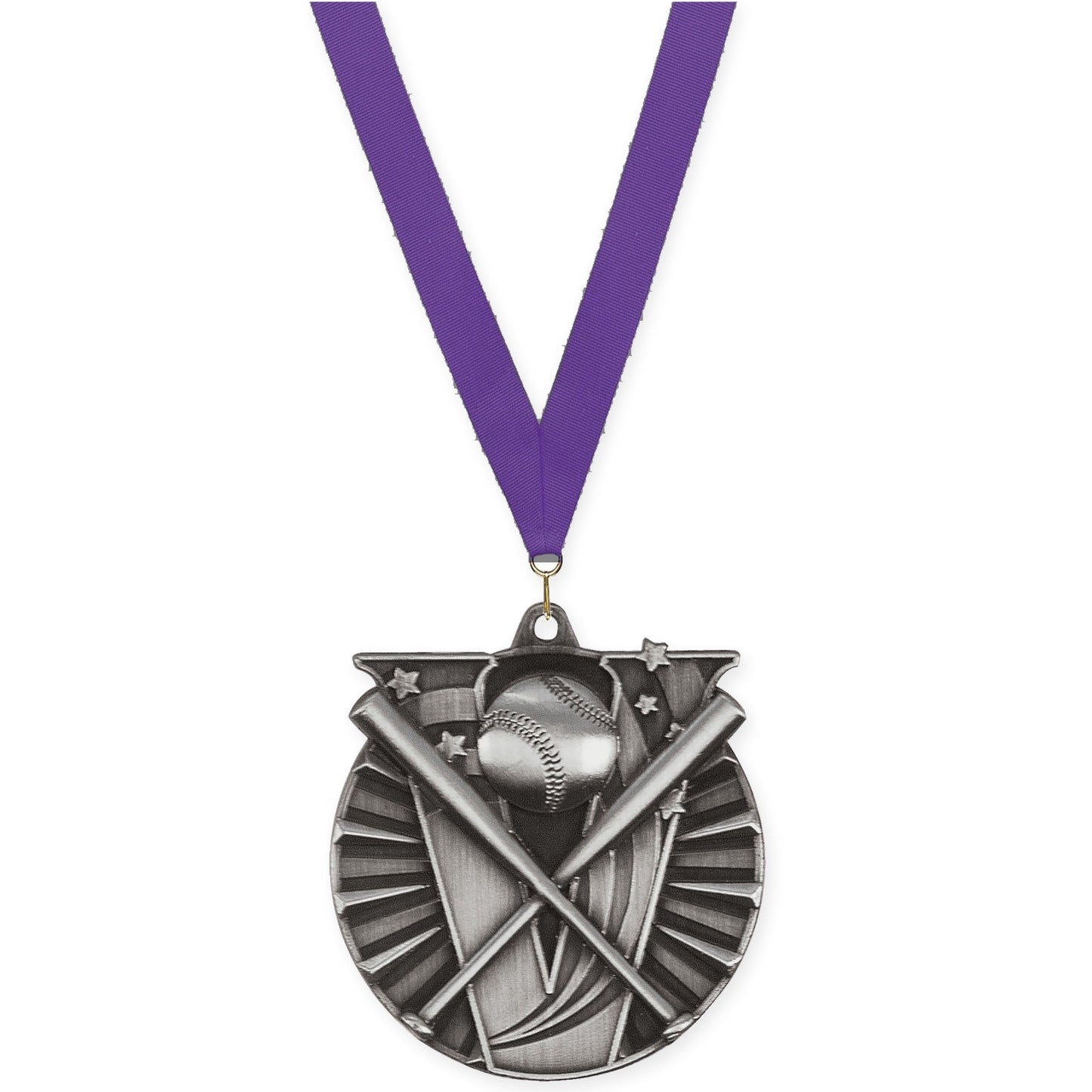 2 inch baseball and softball Victory medal in antique silver with Purple neck ribbon
