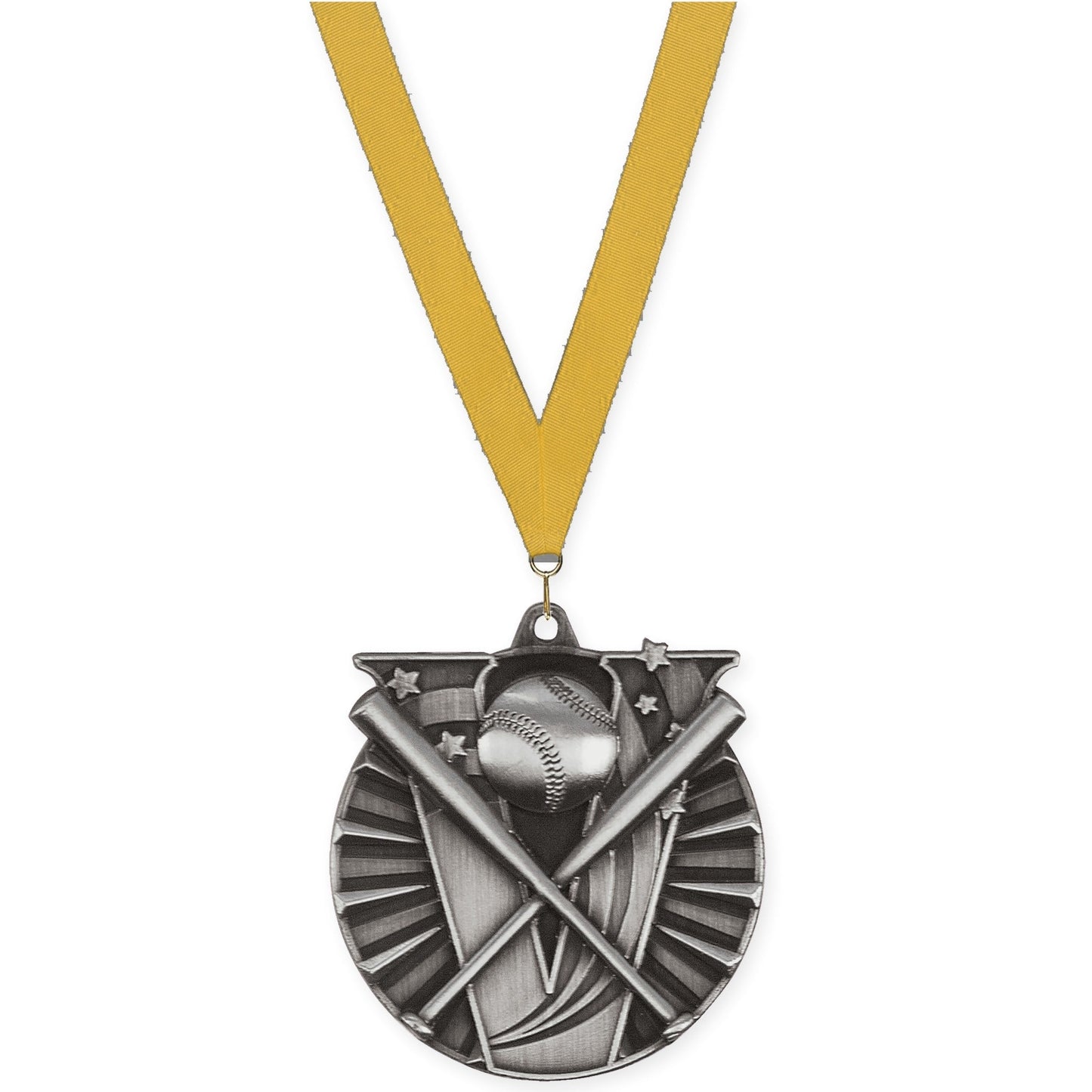2 inch baseball and softball Victory medal in antique silver with Gold neck ribbon