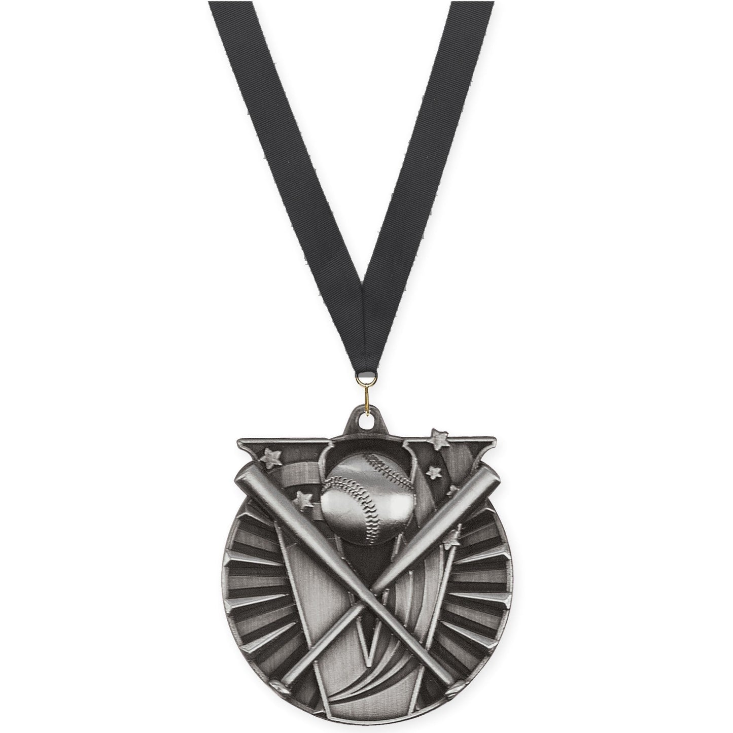 2 inch baseball and softball Victory medal in antique silver with Black neck ribbon