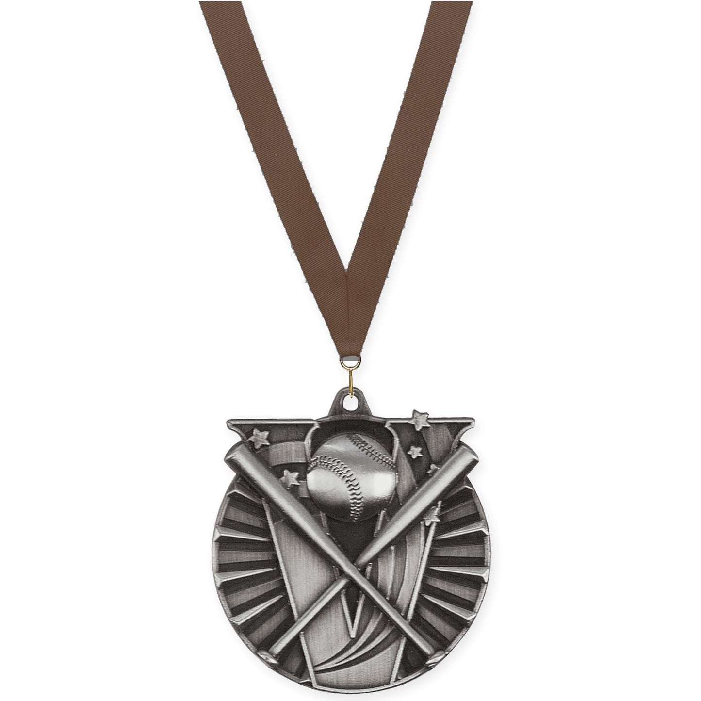 2 inch baseball and softball Victory medal in antique silver with Brown neck ribbon