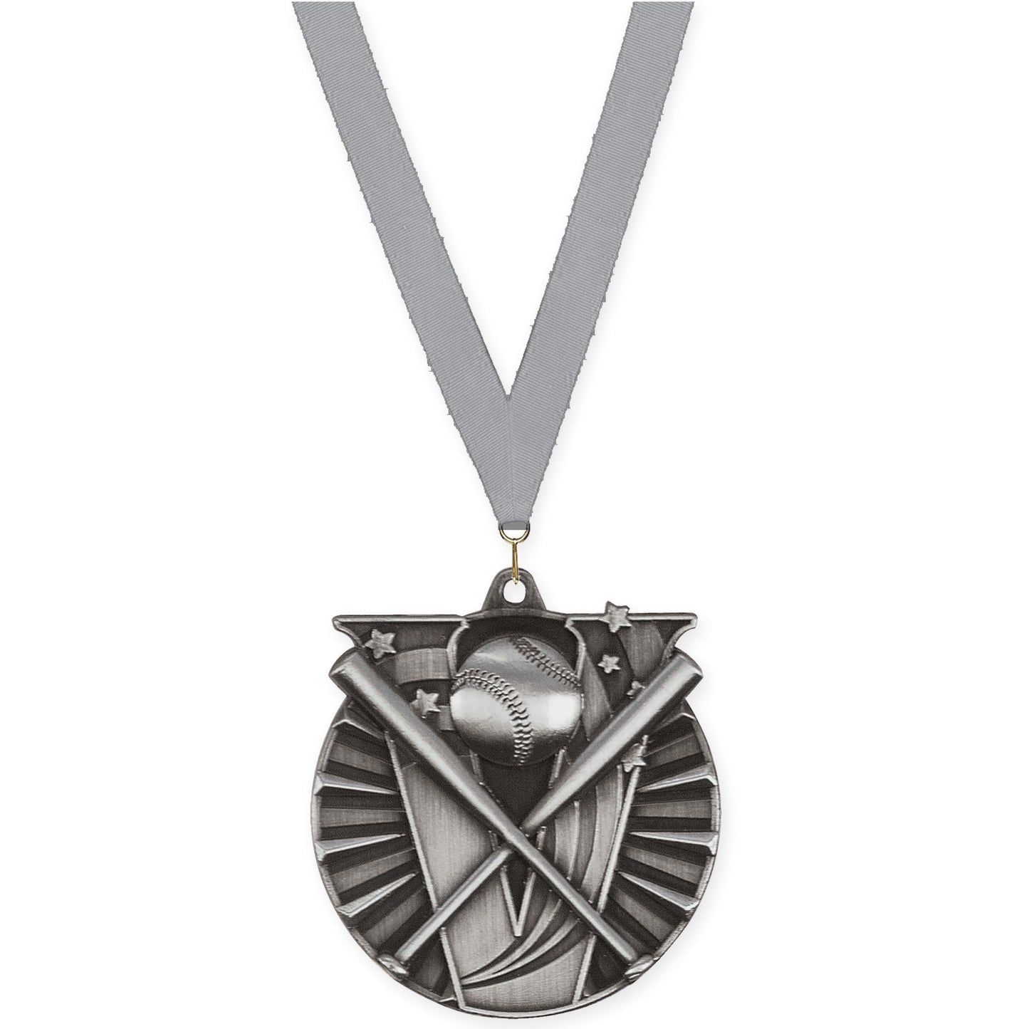 2 inch baseball and softball Victory medal in antique silver with Gray neck ribbon