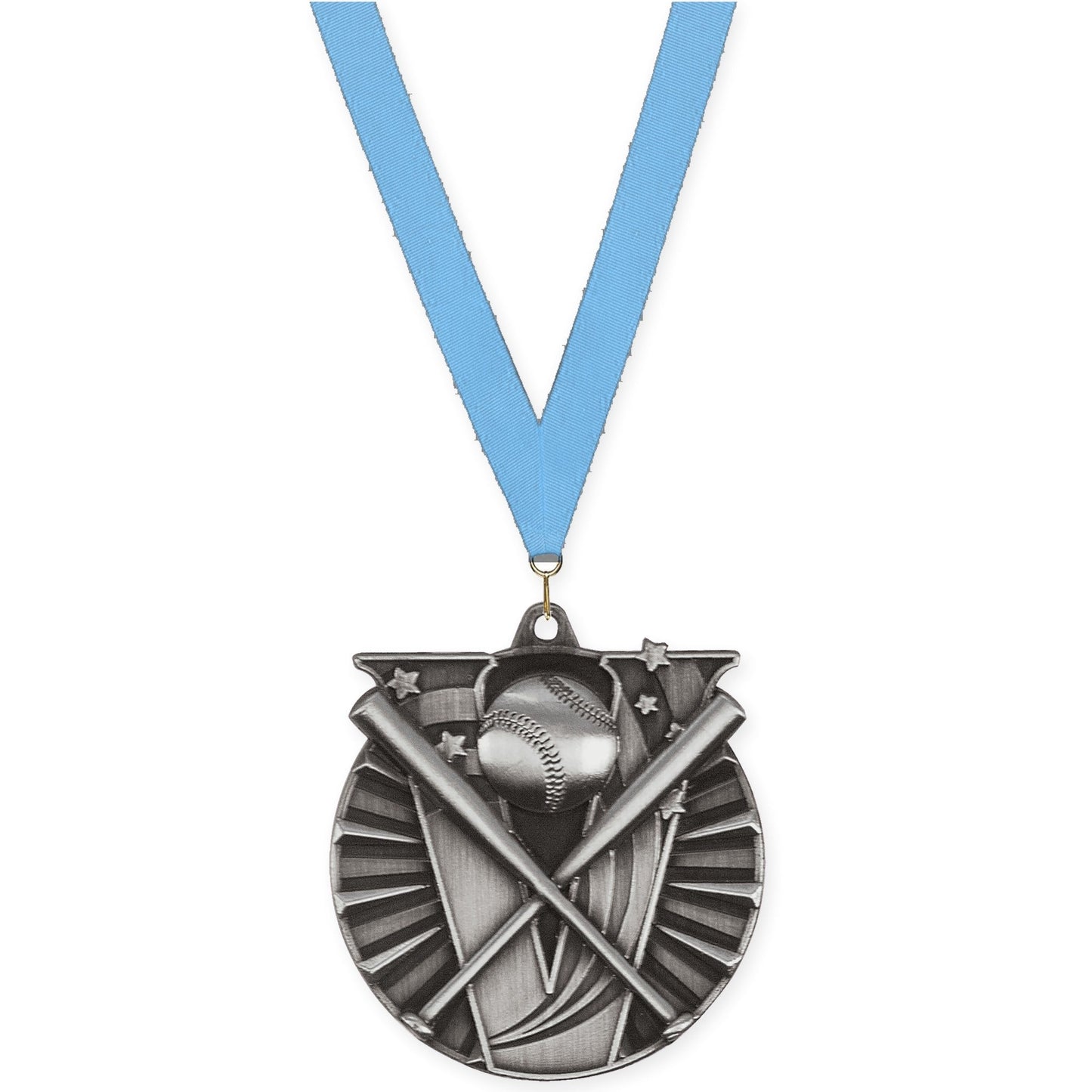 2 inch baseball and softball Victory medal in antique silver with Light Blue neck ribbon