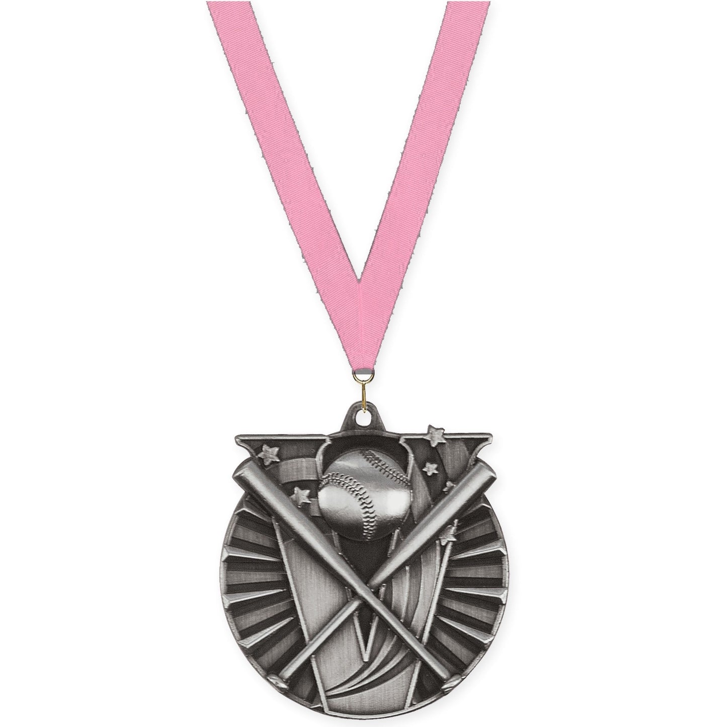 2 inch baseball and softball Victory medal in antique silver with Pink neck ribbon