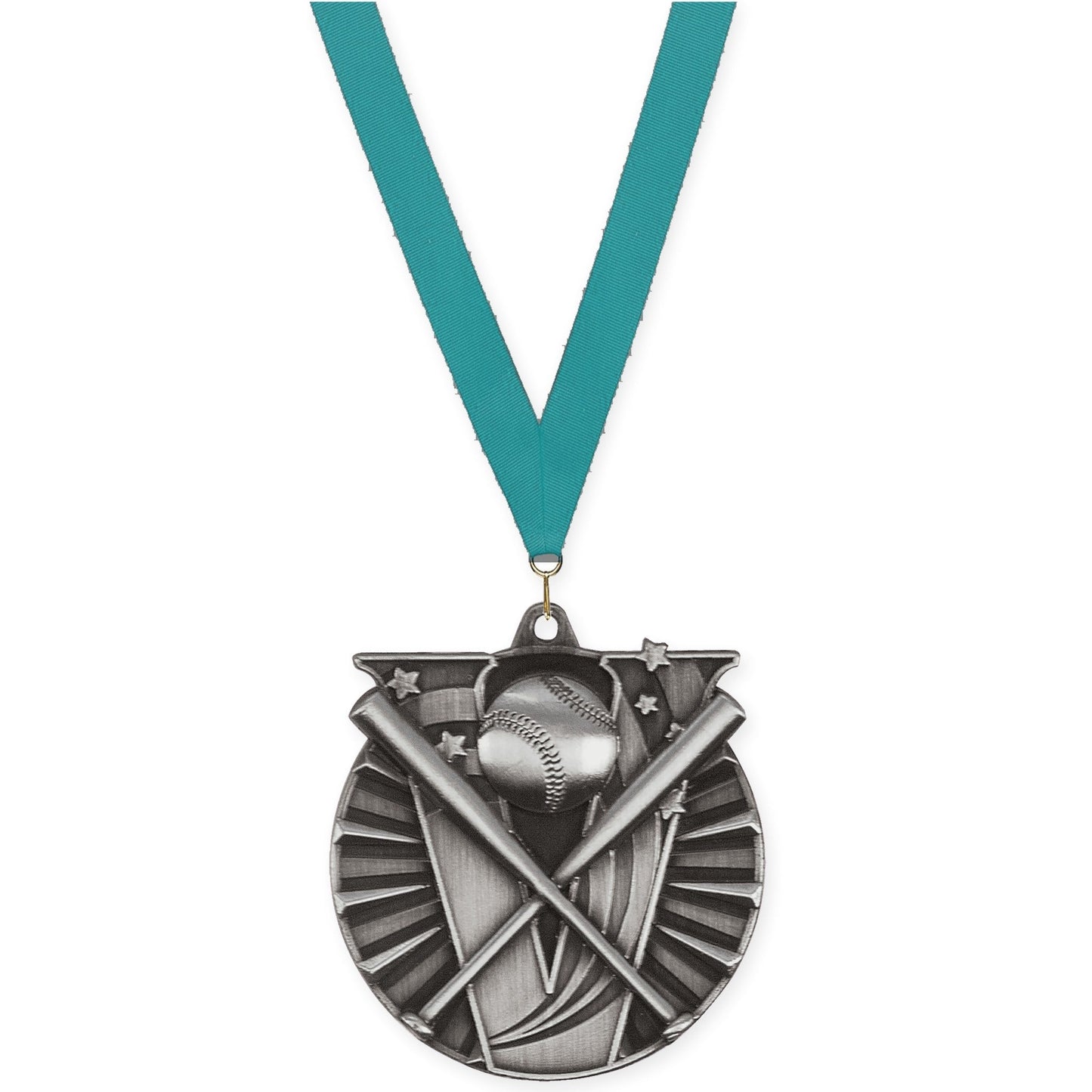 2 inch baseball and softball Victory medal in antique silver with Teal neck ribbon