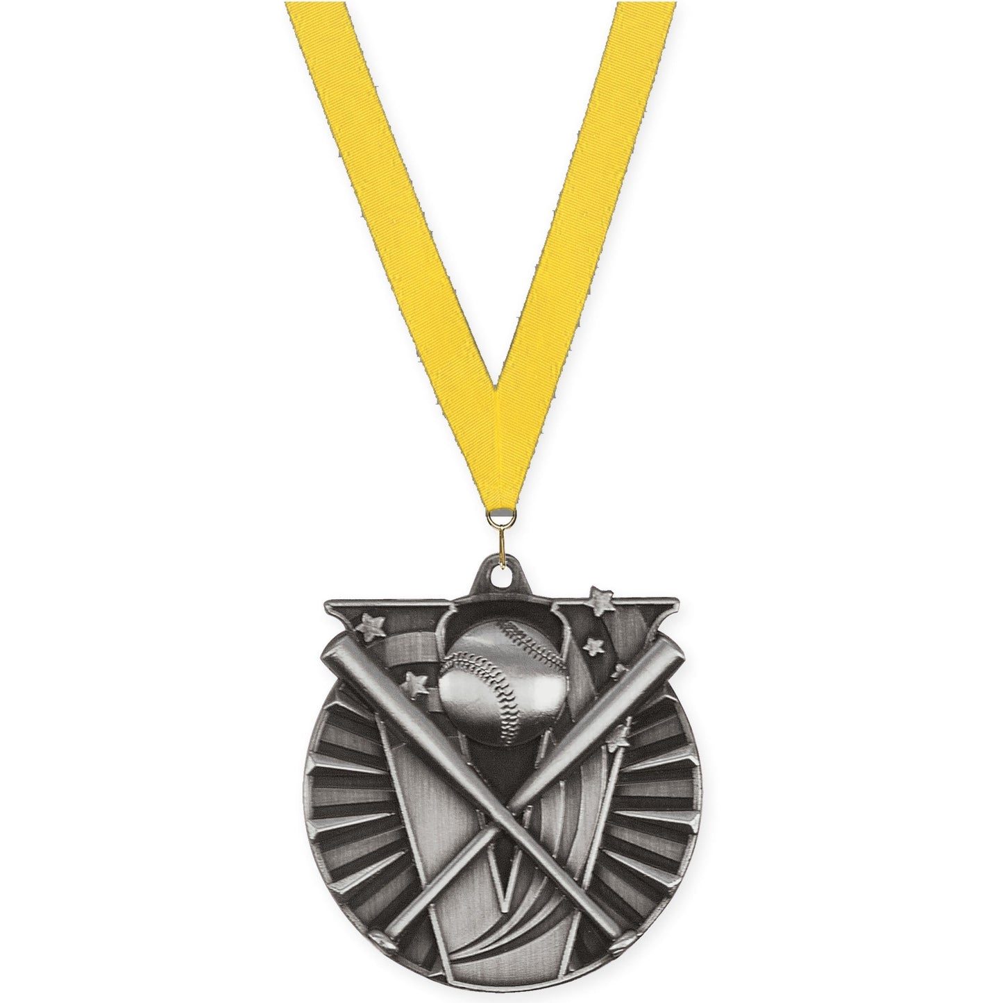 2 inch baseball and softball Victory medal in antique silver with Yellow neck ribbon