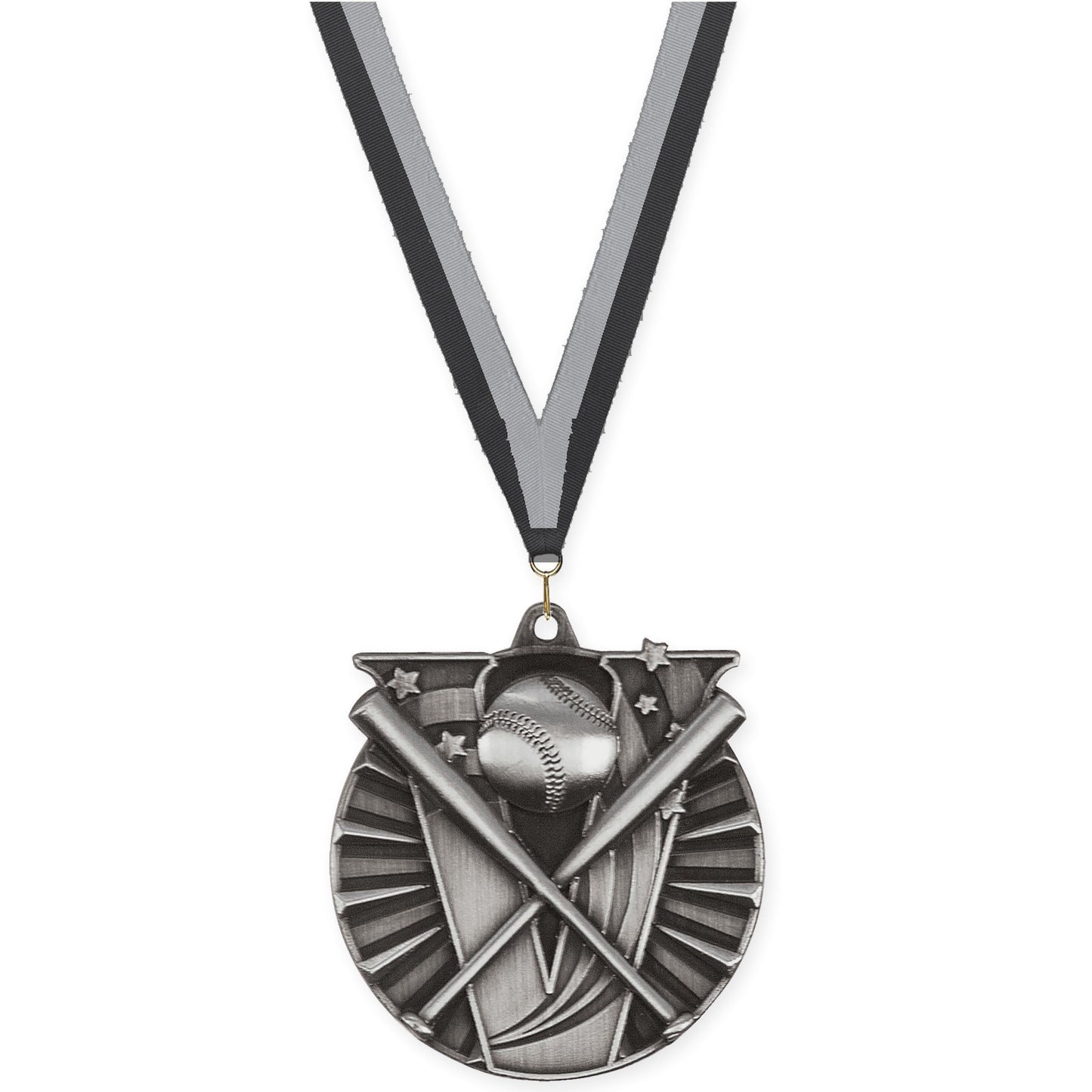2 inch baseball and softball Victory medal in antique silver with Black Gray neck ribbon