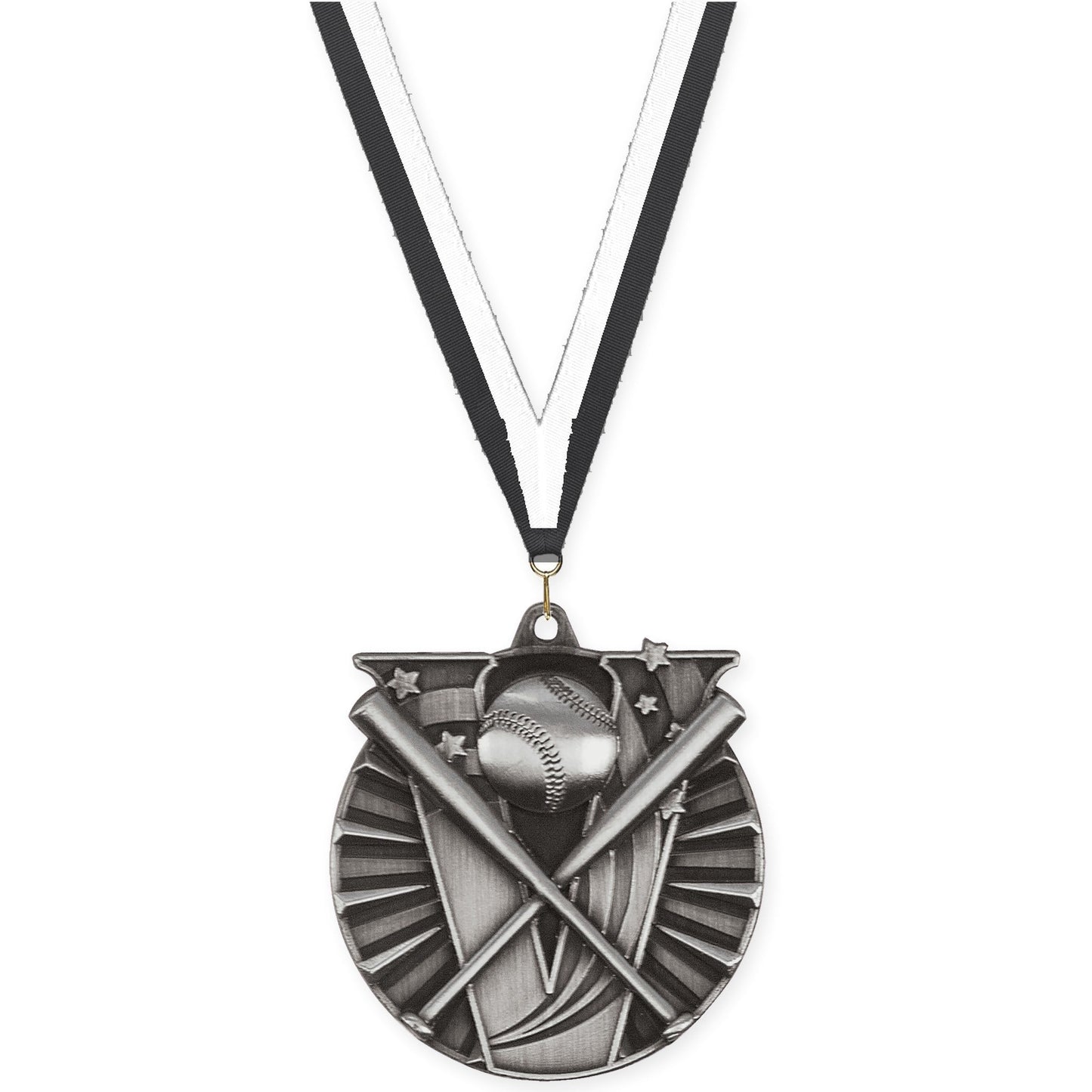 2 inch baseball and softball Victory medal in antique silver with Black White neck ribbon