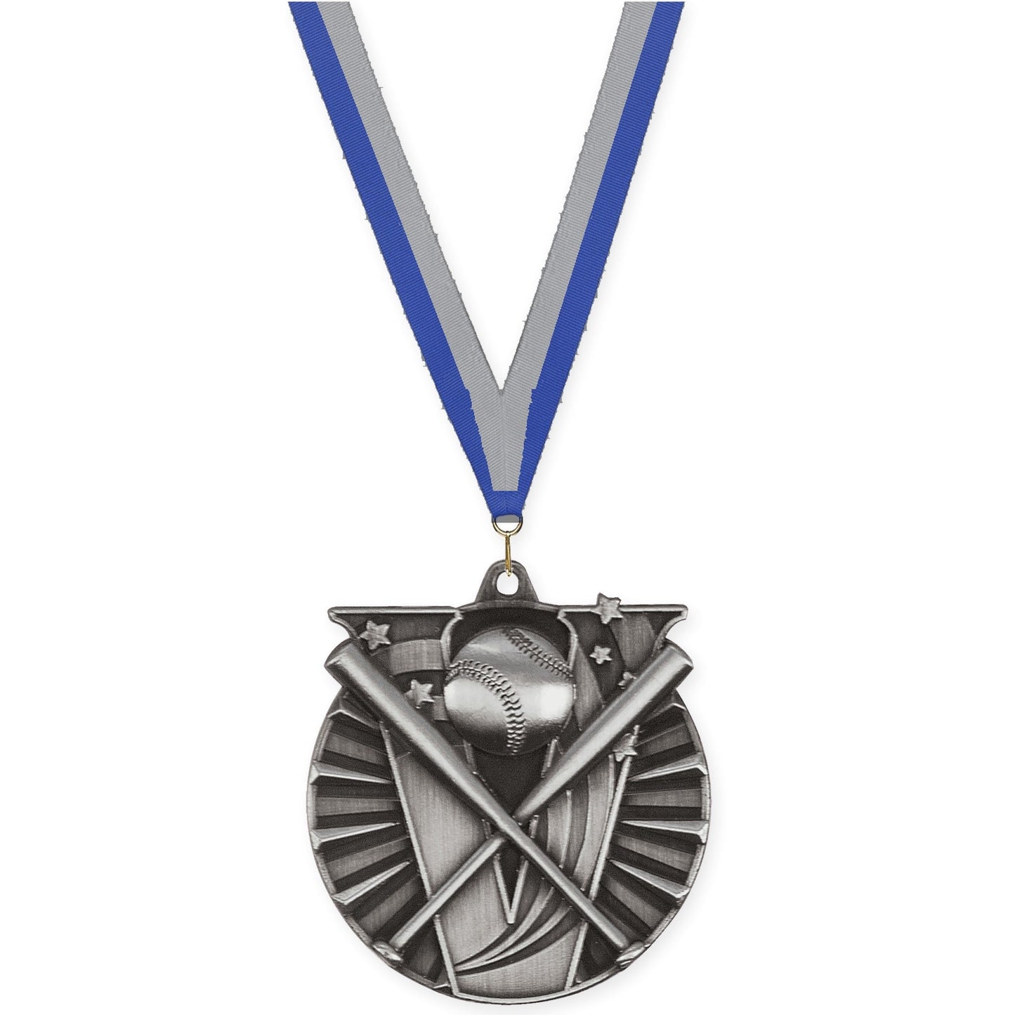 2 inch baseball and softball Victory medal in antique silver with Blue Gray neck ribbon
