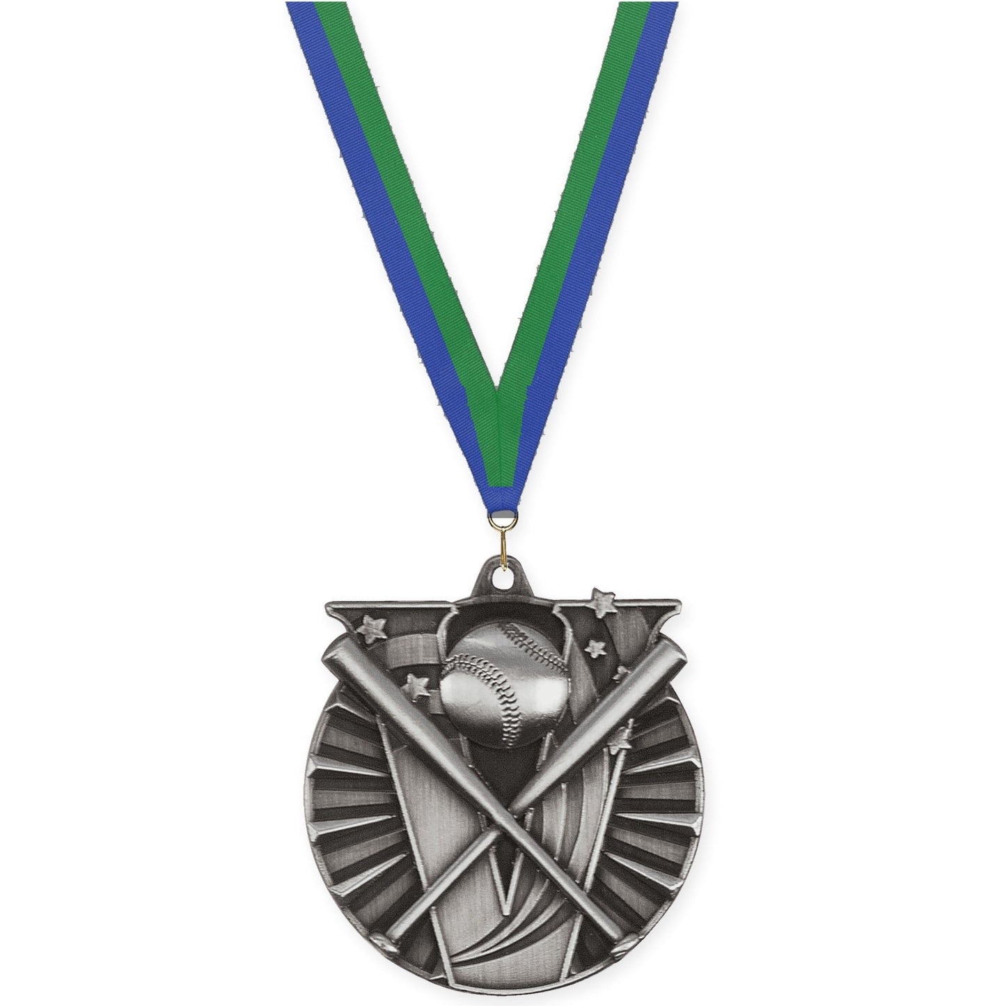 2 inch baseball and softball Victory medal in antique silver with Blue Green neck ribbon